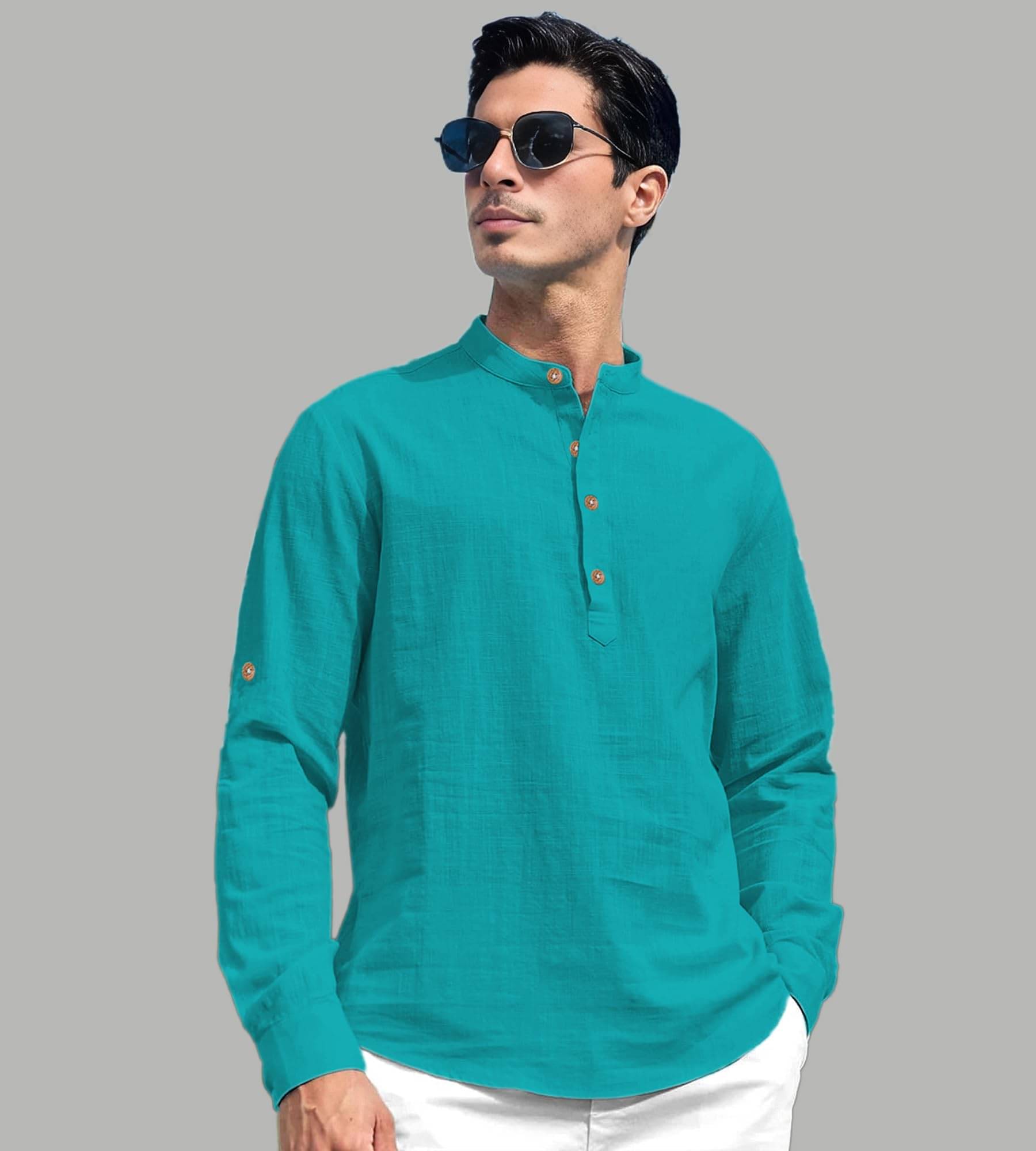 UNI VIBE Turquoise Cotton Blend Men's Shirt Style Kurta ( Pack of 1 )     			UNI VIBE Turquoise Cotton Blend Men's Shirt Style Kurta ( Pack of 1 )