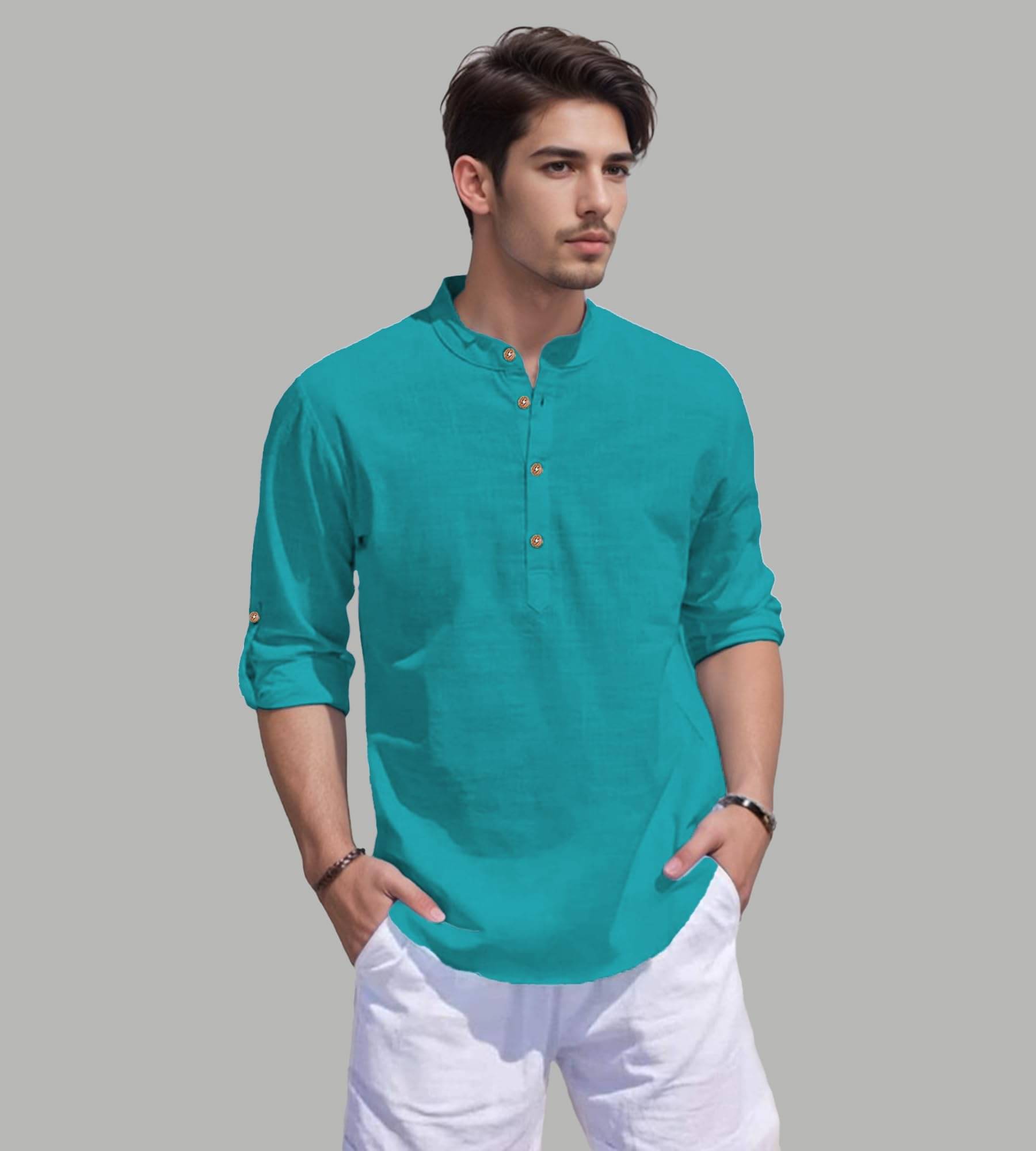 UNI VIBE Turquoise Cotton Blend Men's Shirt Style Kurta ( Pack of 1 ) UNI VIBE Turquoise Cotton Blend Men's Shirt Style Kurta ( Pack of 1 )