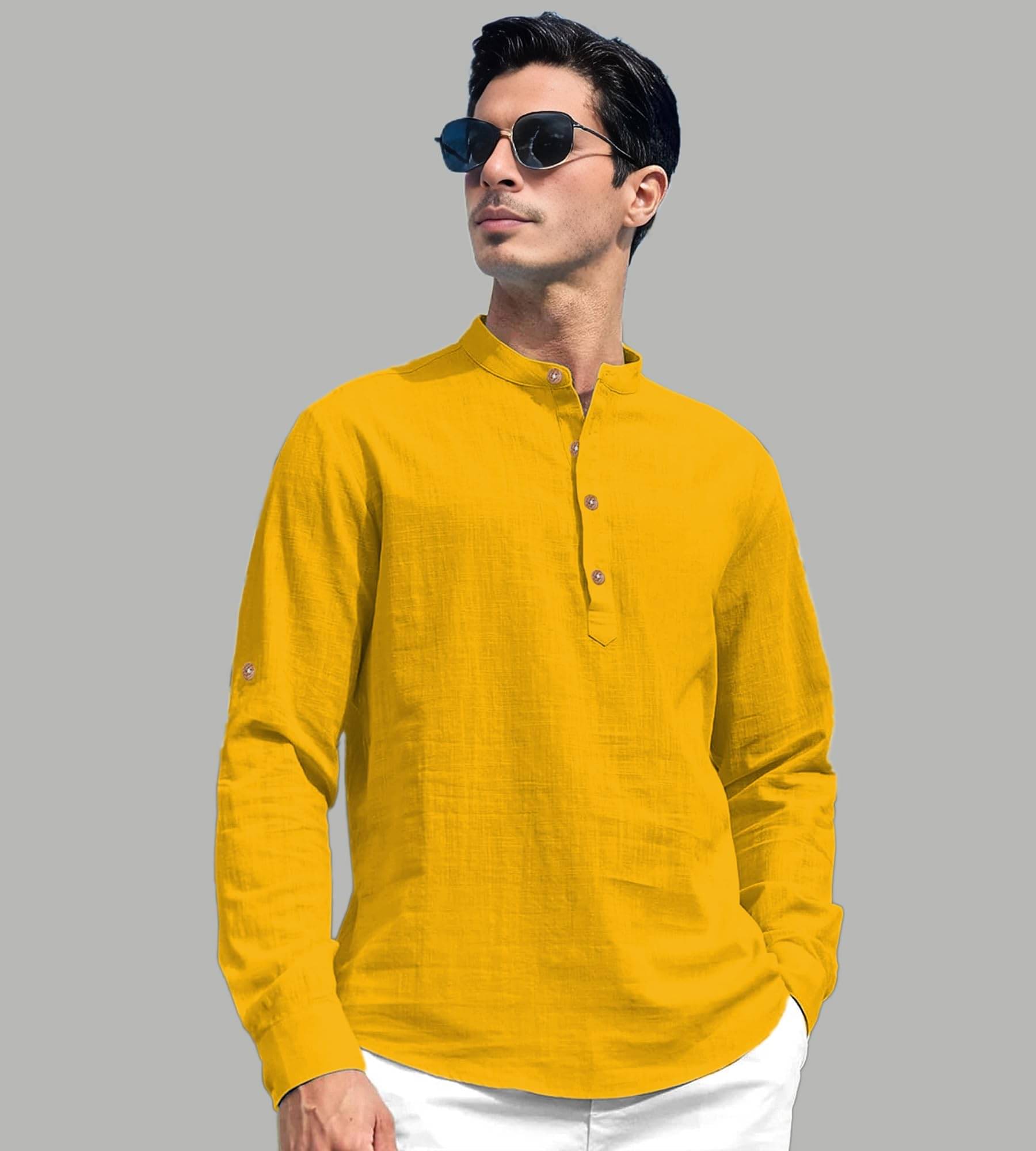     			UNI VIBE Yellow Cotton Blend Men's Regular Kurta ( Pack of 1 )