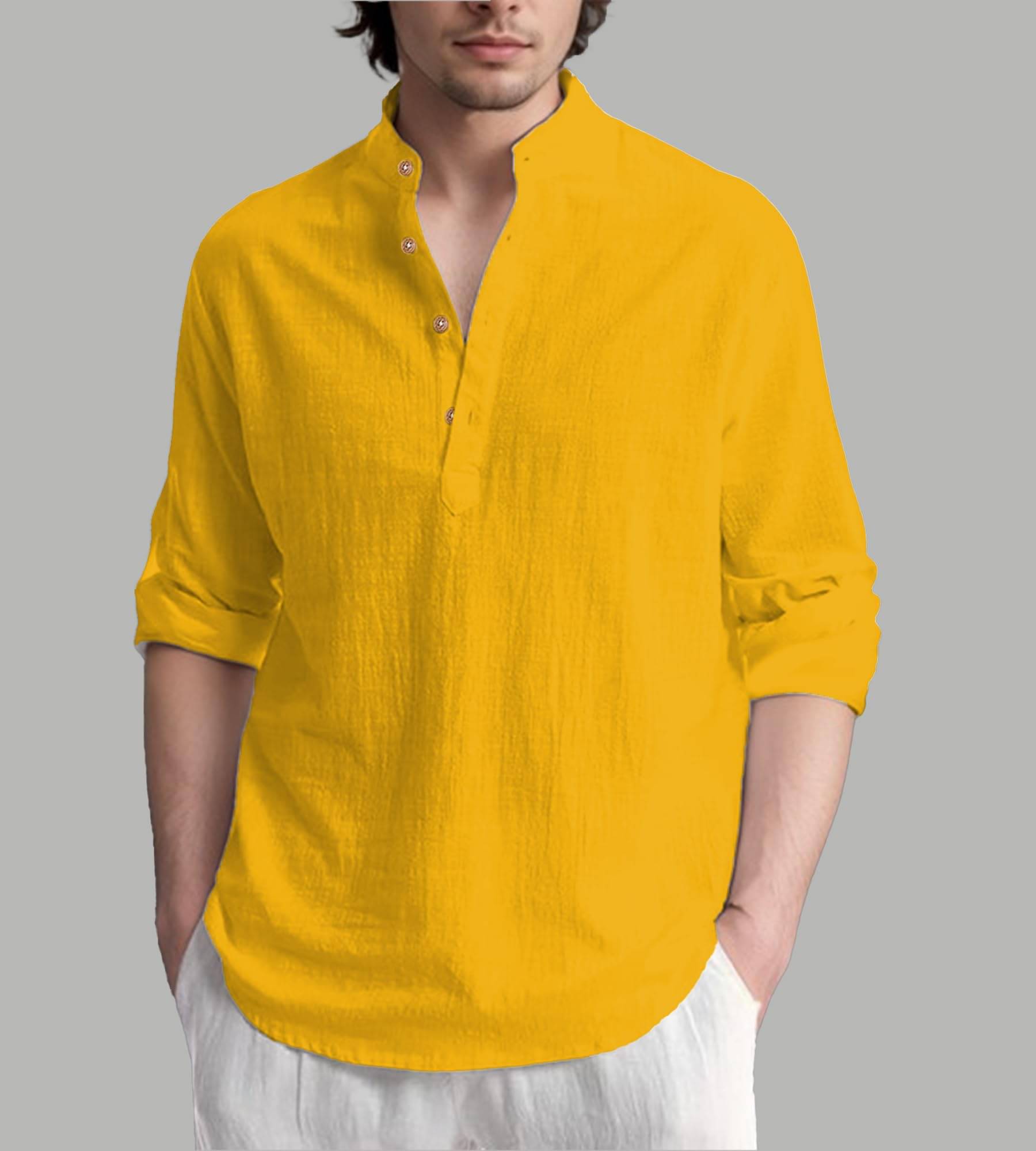     			UNI VIBE Yellow Cotton Blend Men's Shirt Style Kurta ( Pack of 1 )