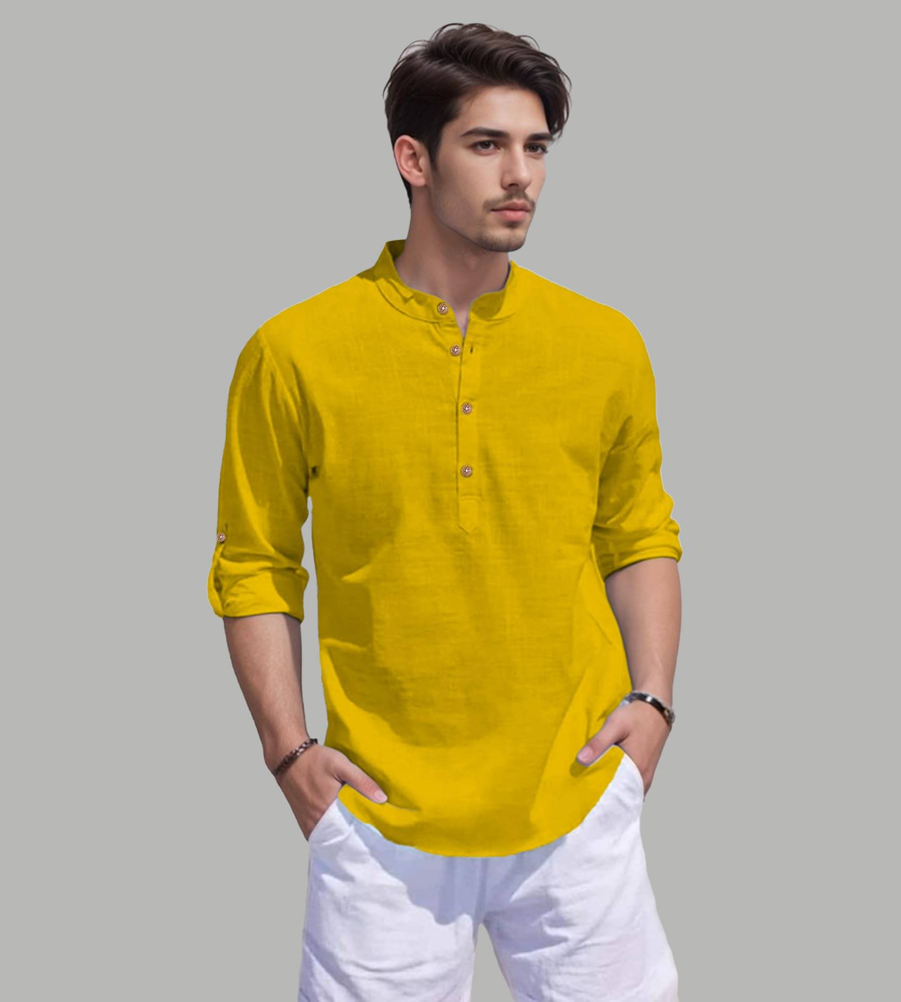     			UNI VIBE Yellow Cotton Blend Men's Shirt Style Kurta ( Pack of 1 )