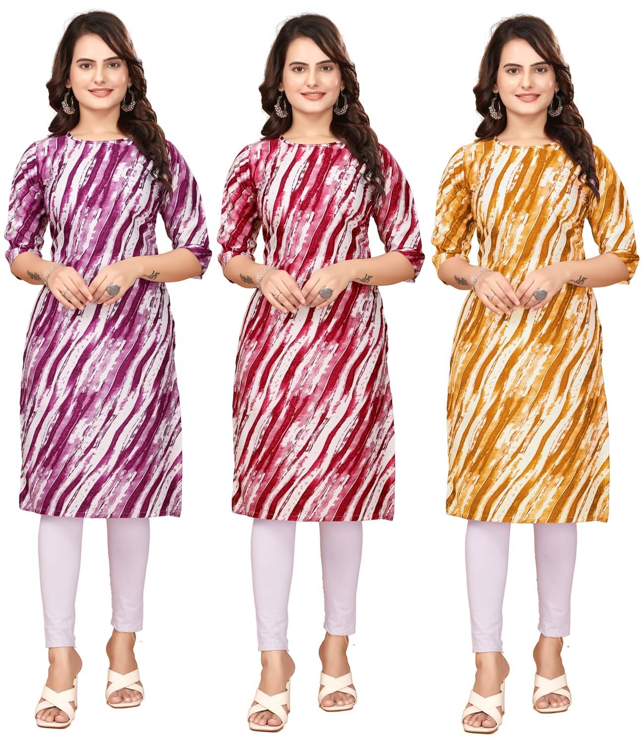 VACHHARAJ GROUP Pack of 3 Crepe Printed Straight Women's Kurti - ( Red,Yellow,Purple ) VACHHARAJ GROUP Pack of 3 Crepe Printed Straight Women's Kurti - ( Red,Yellow,Purple )