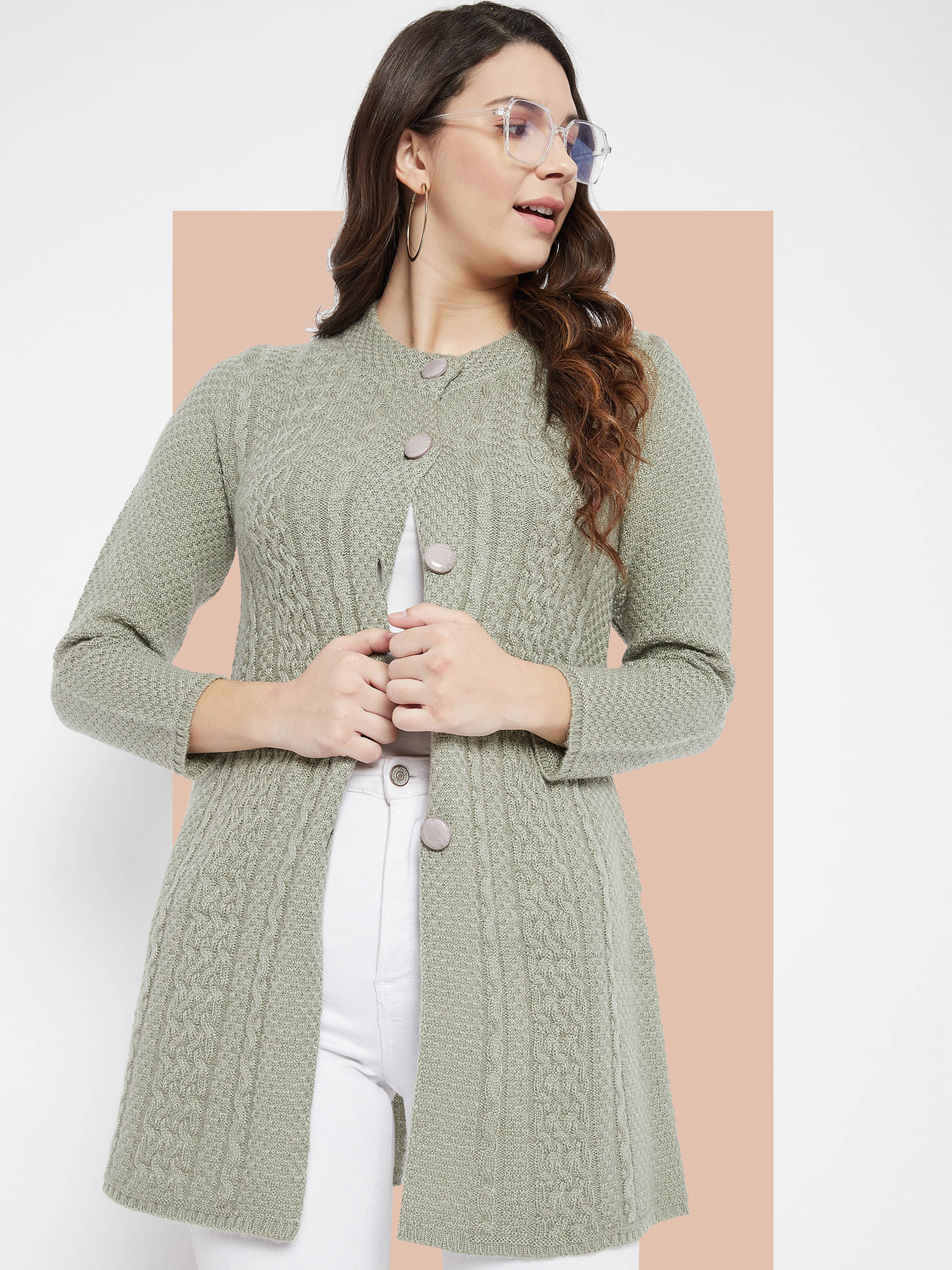     			zigo Acro Wool Round Neck Women's Buttoned Cardigans - Green (Pack of 1)