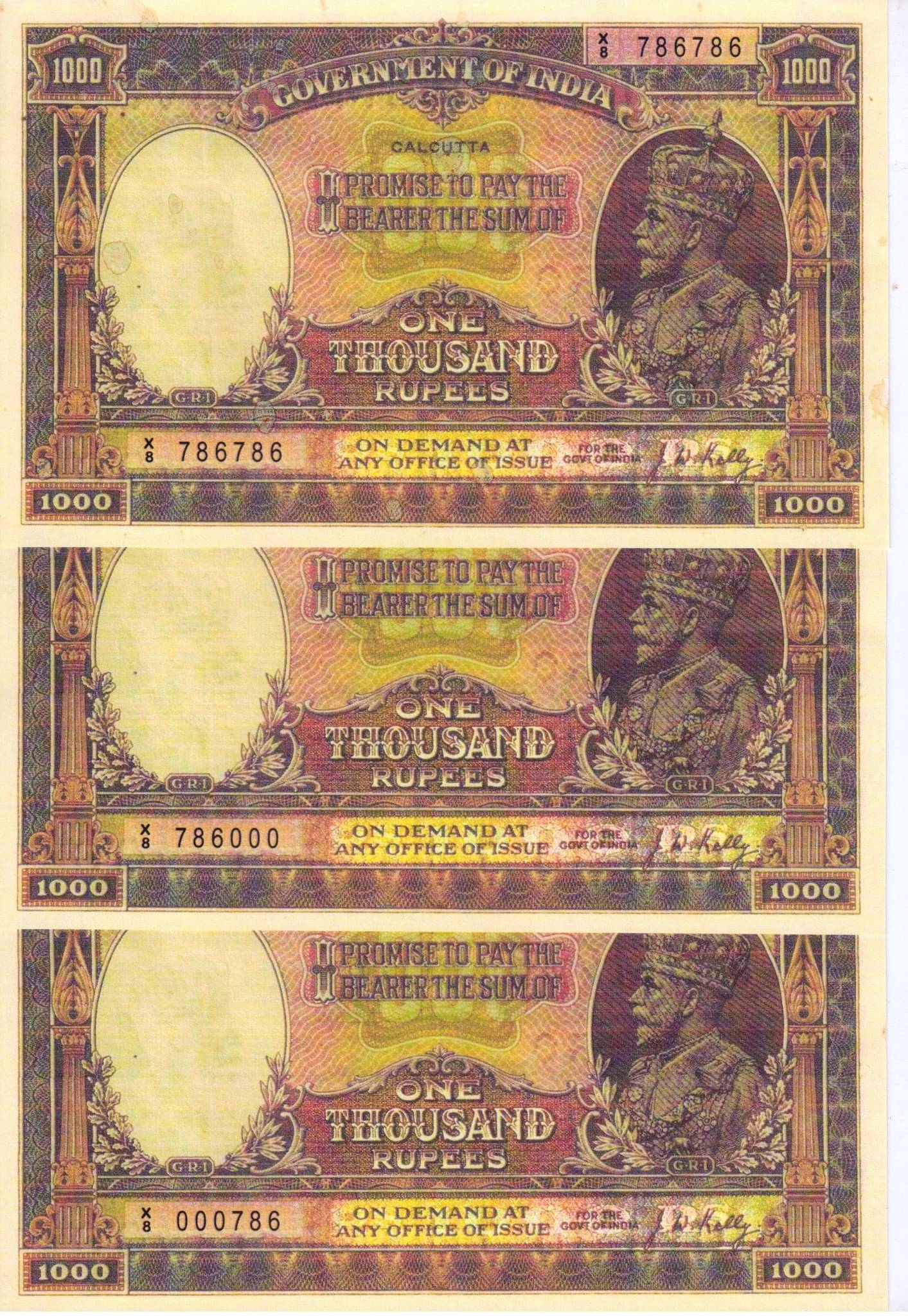     			Extreme Rare 1000 Rupee British India King George V 786786 , 000786 , 786000 Number 3 Notes Signed By J W Kelly