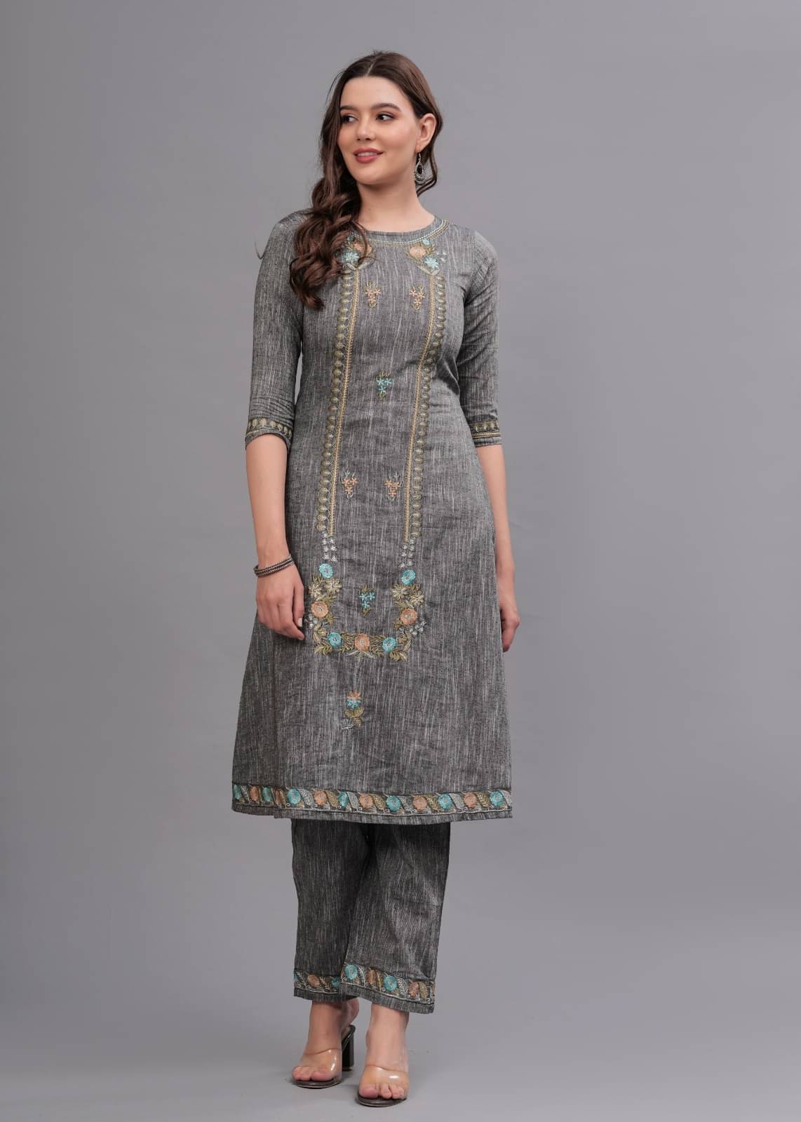     			MAUKA Cotton Embroidered Kurti With Palazzo Women's Stitched Salwar Suit - Grey ( Pack of 1 )