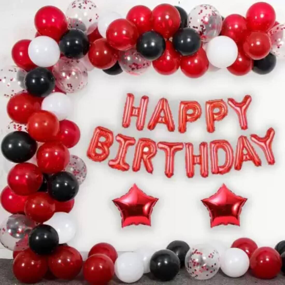     			PartyBooms Happy Birthday Red Decoration, 2 Red Star Foil Balloon, 15 Black 15 Red, 10 White Balloons, 5 Confetti (Pack Of 48)