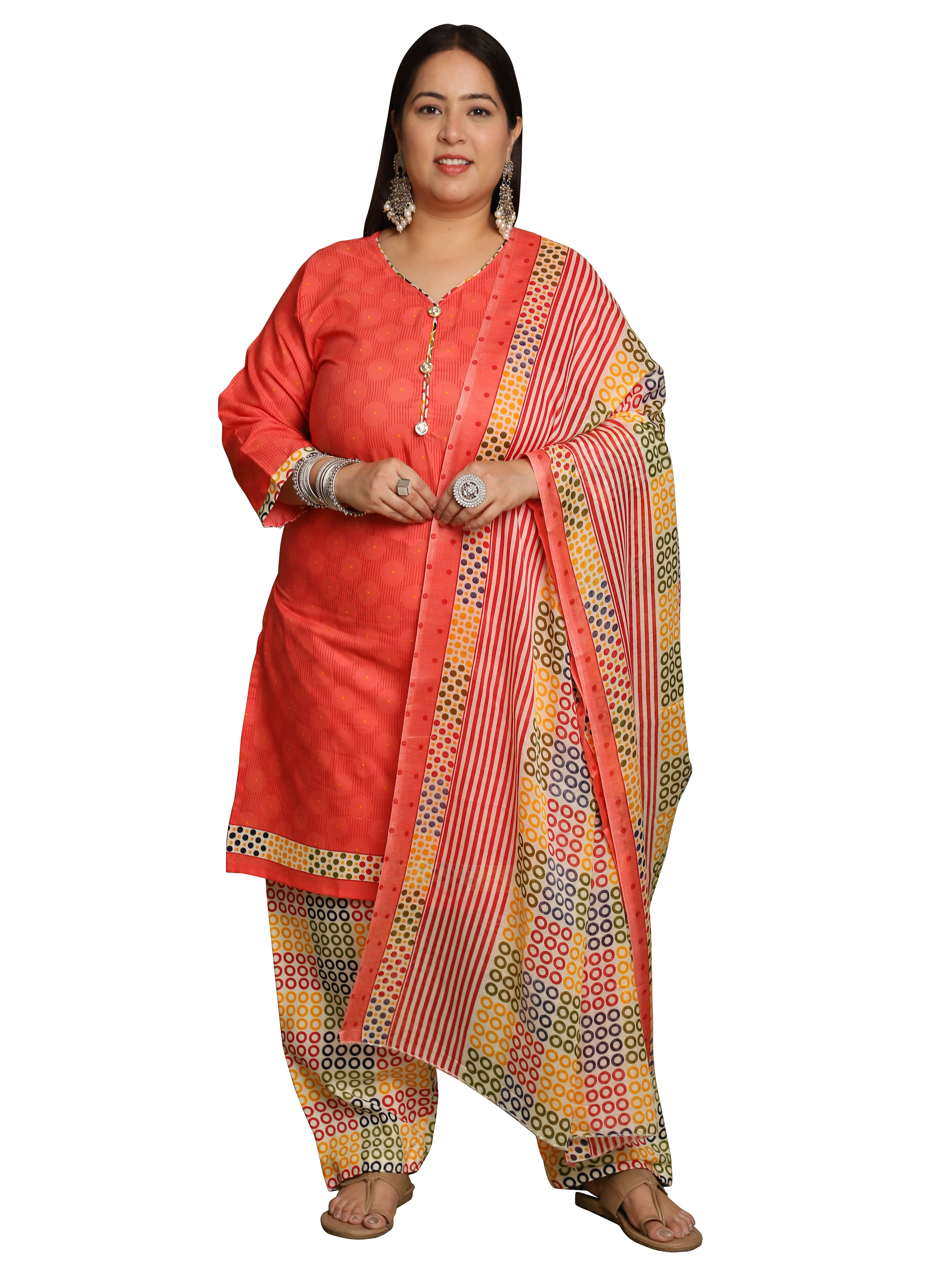     			Rajnandini Cotton Blend Printed Kurti With Pants Women's Stitched Salwar Suit - Peach ( Pack of 1 )