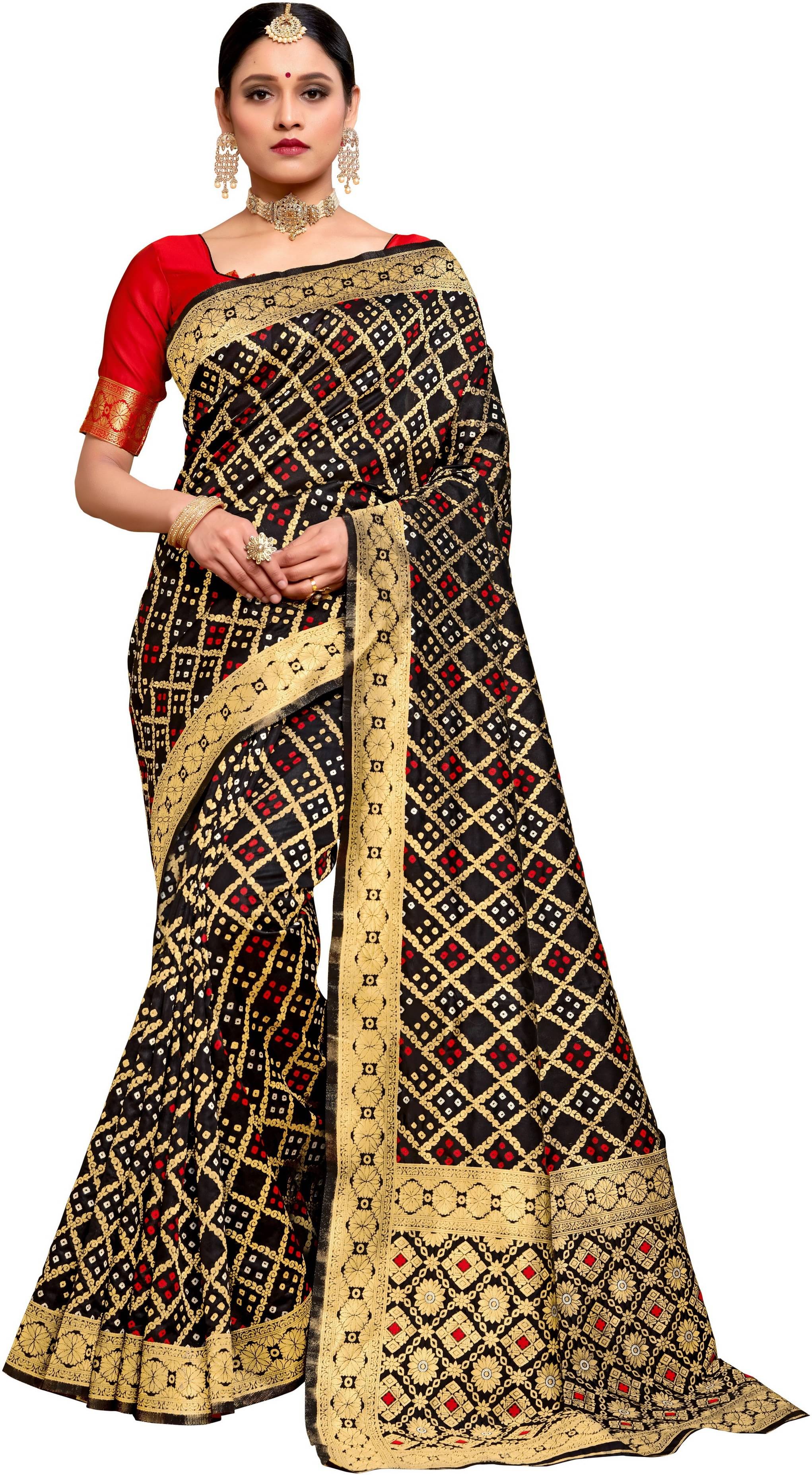     			Sariya Jacquard Printed Saree With Unstitched Blouse Piece ( Black )