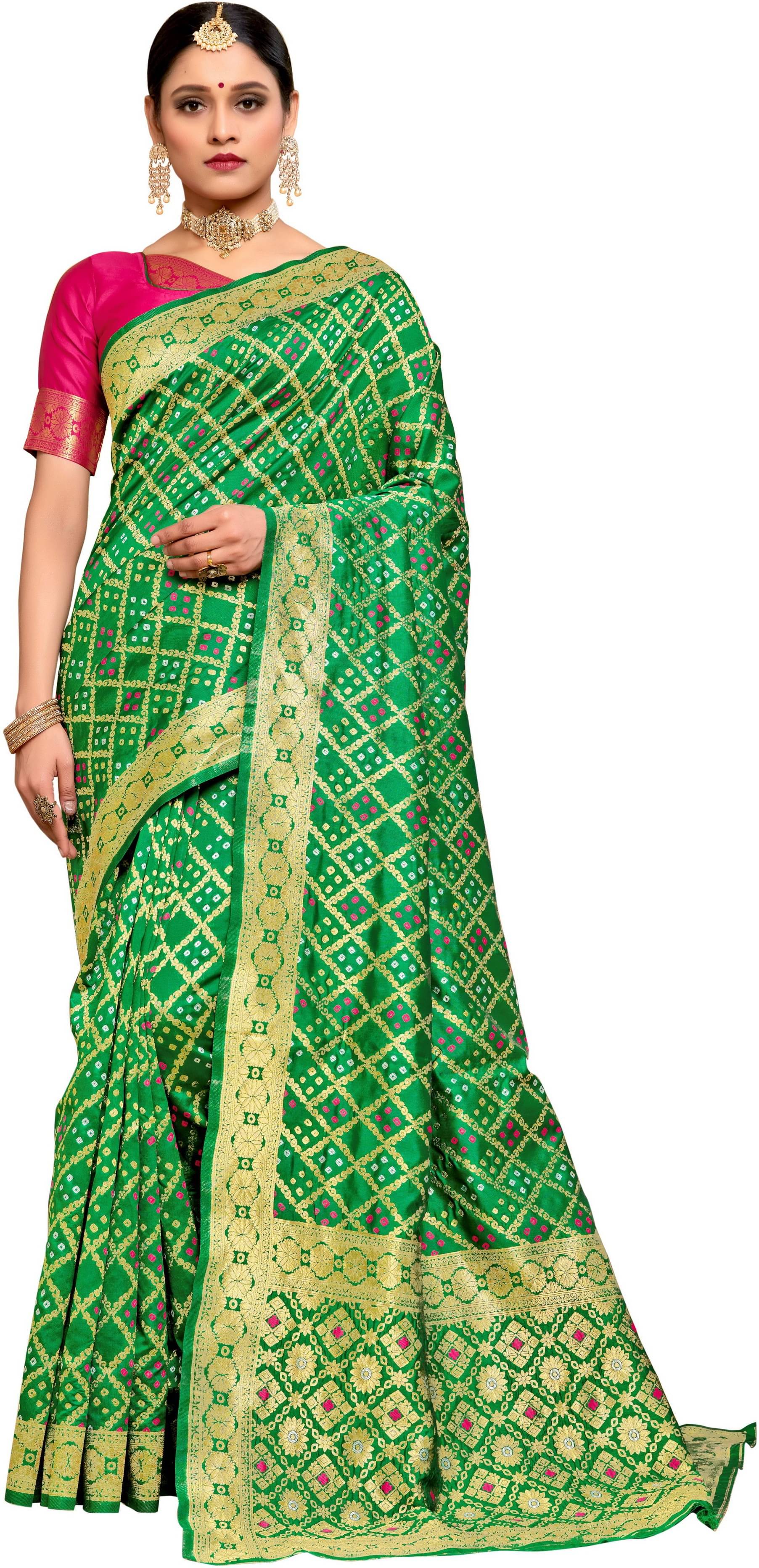    			Sariya Jacquard Printed Saree With Unstitched Blouse Piece ( Green )