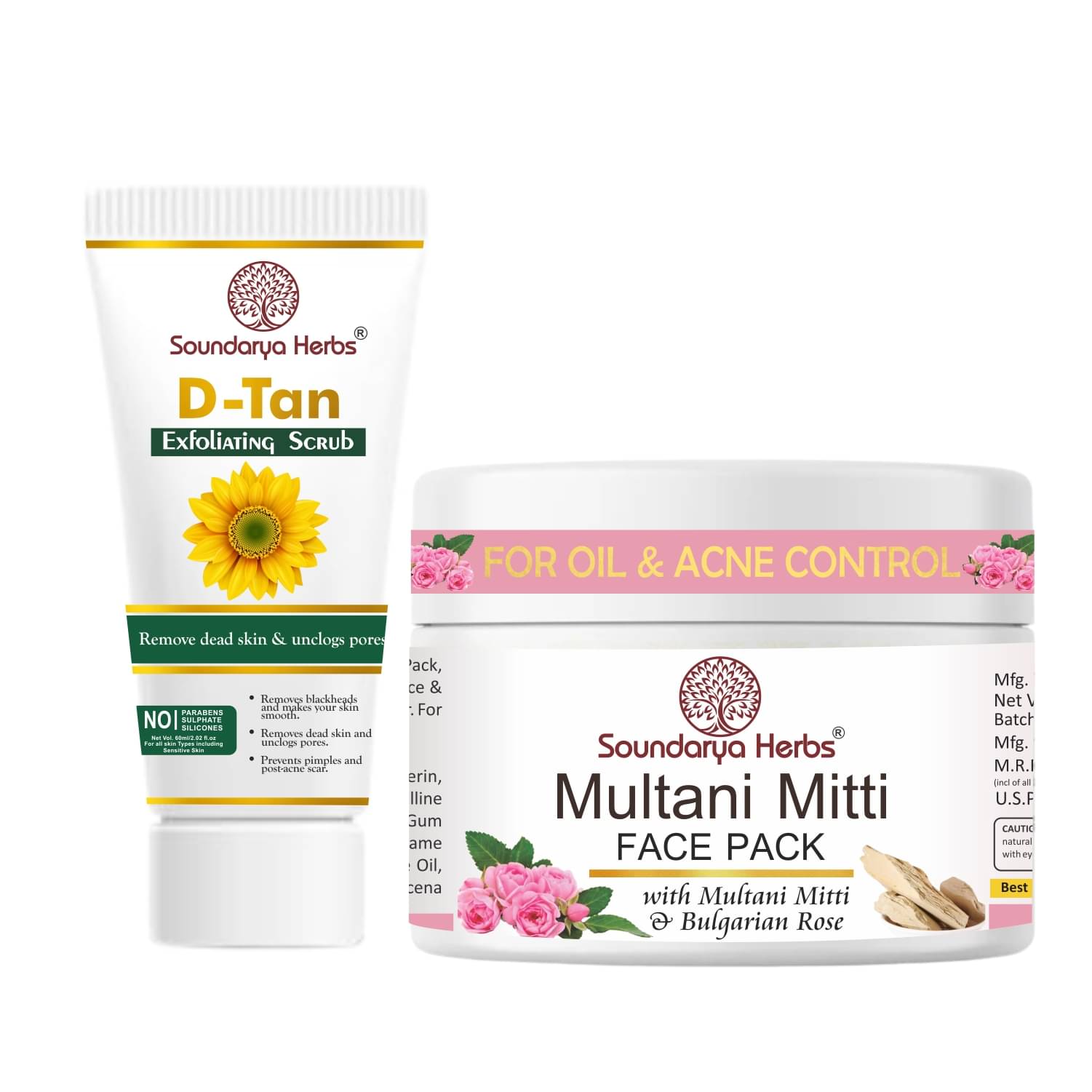     			Soundarya Herbs Natural Skin Care Multani Mitti & Skin D tan Scrub , Removes Dead Skin and Unclogs Pores Combo Pack