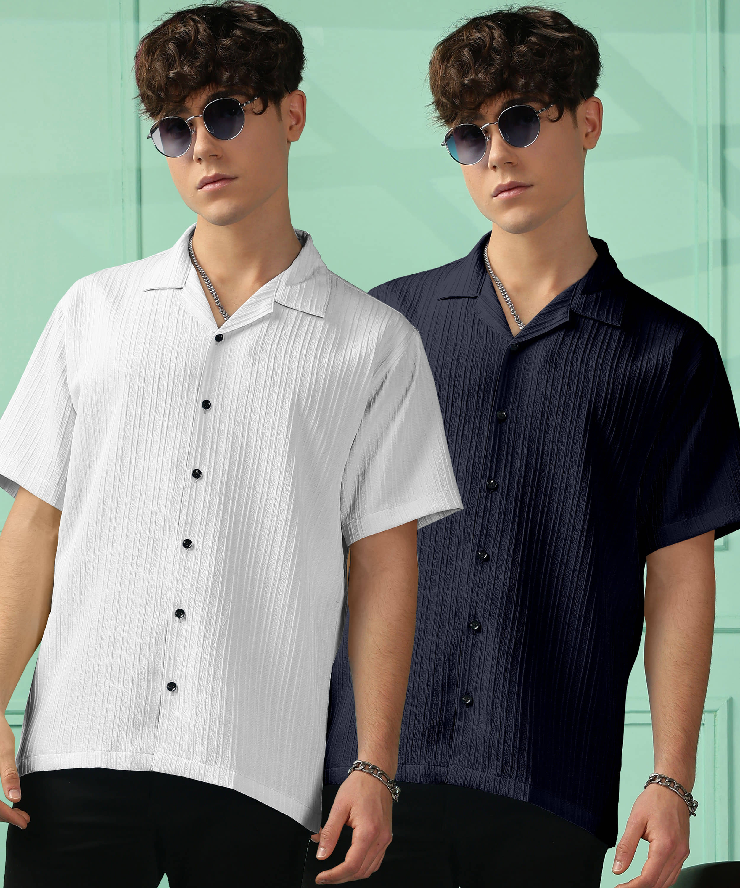 Urban Buccachi Polyester Regular Fit Popcorn Textured Half Sleeves Men's Casual Shirt - Navy ( Pack of 2 )