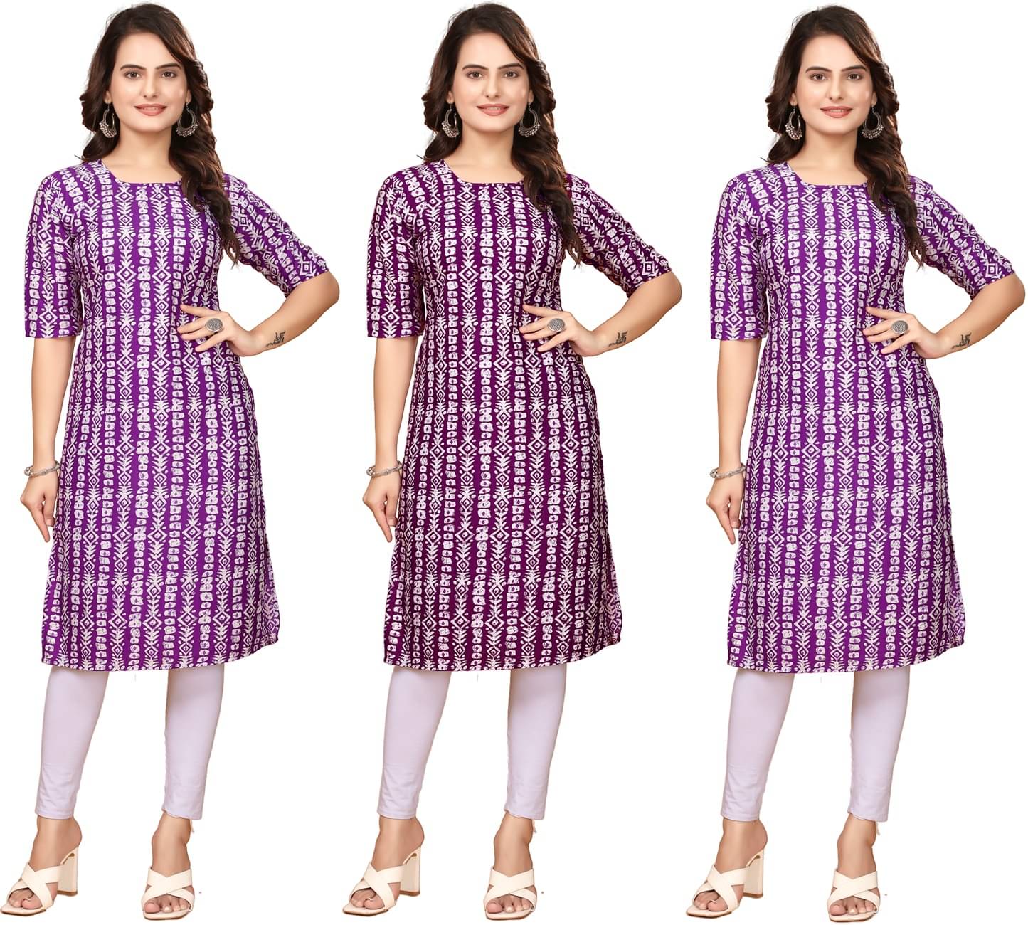     			VACHHARAJ GROUP Pack of 3 Crepe Printed Straight Women's Kurti - ( Lavender,Maroon,Indigo )