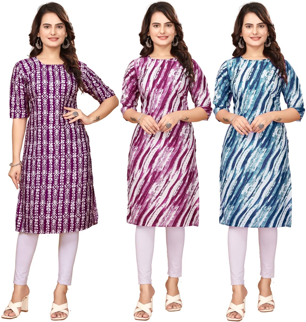    			VACHHARAJ GROUP Pack of 3 Crepe Printed Straight Women's Kurti - ( Maroon,Purple,Blue )