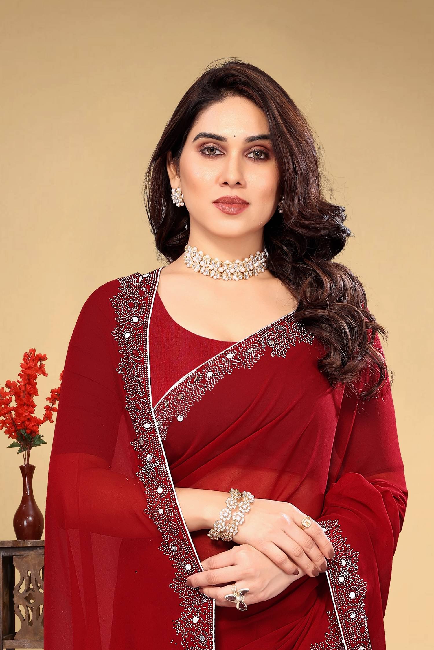 VEERAIVA Georgette Embroidered Saree With Unstitched Blouse Piece ( Maroon ) VEERAIVA Georgette Embroidered Saree With Unstitched Blouse Piece ( Maroon )