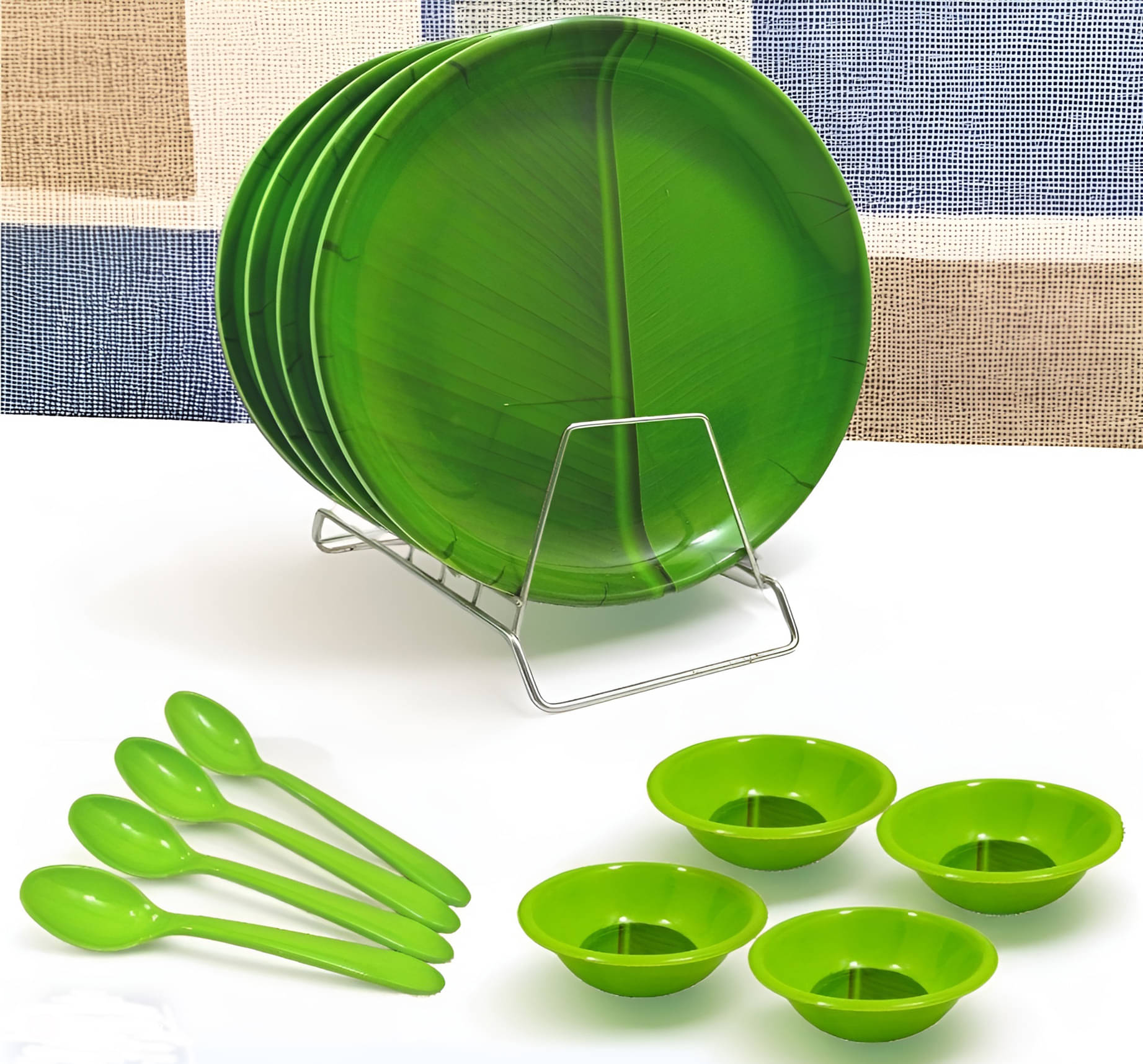 kitchrox Banana Leaf Printed Melamine Dinner Set ( Pack of 12 ) Green kitchrox Banana Leaf Printed Melamine Dinner Set ( Pack of 12 ) Green