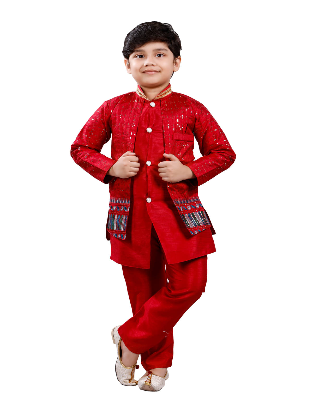 s muktar garments Boys Cotton Blend Sequined - Pattern Kurta Pant Set ( Red , Pack of 1 ) s muktar garments Boys Cotton Blend Sequined - Pattern Kurta Pant Set ( Red , Pack of 1 )