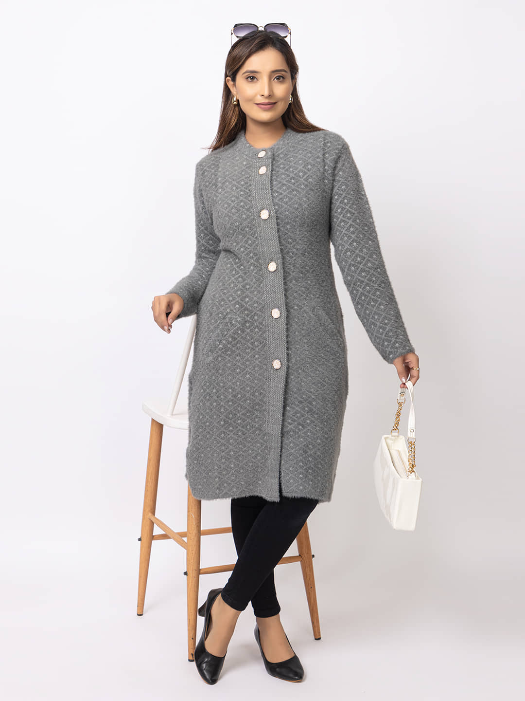 woolkart Women Woollen Mandarin Collar Cardigan ( Grey )