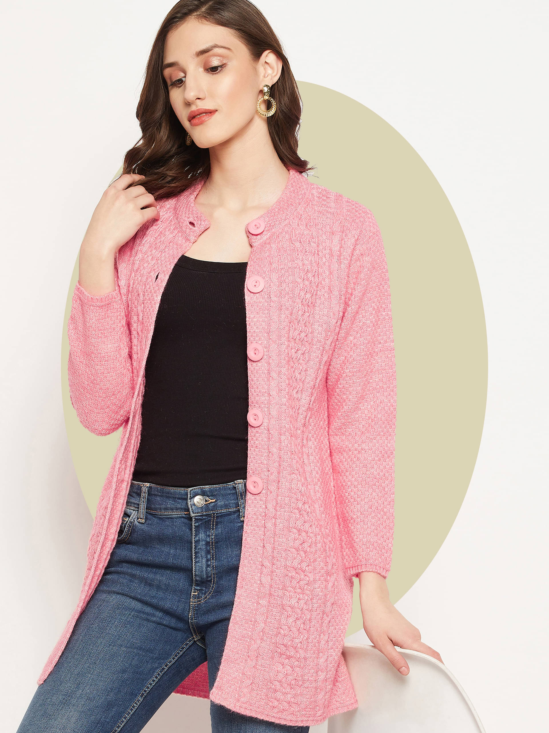    			zigo Acro Wool Round Neck Women's Buttoned Cardigans - Pink (Pack of 1)