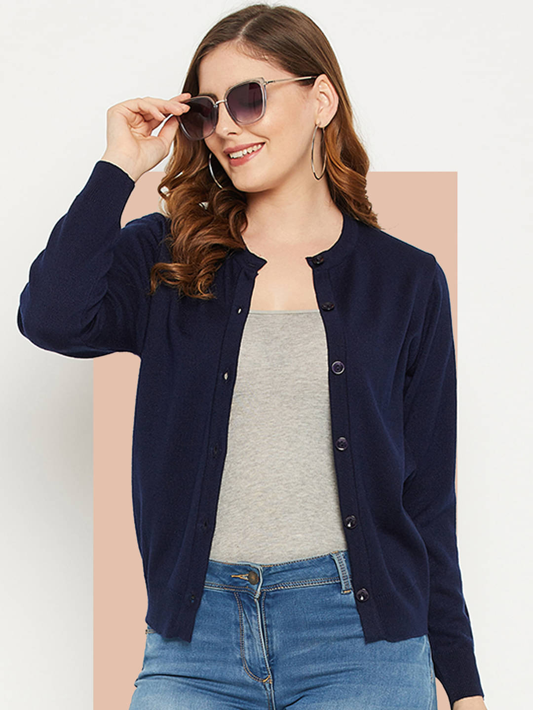     			zigo Acro Wool Round Neck Women's Buttoned Cardigans - Navy (Pack of 1)
