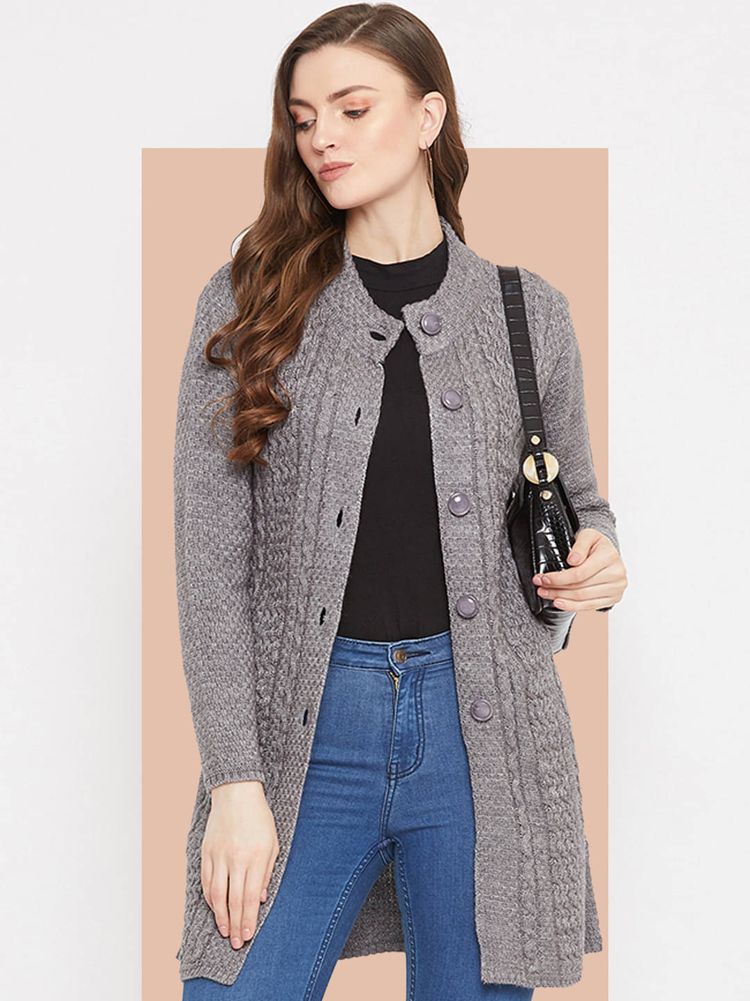    			zigo Acro Wool Round Neck Women's Buttoned Cardigans - Grey (Pack of 1)