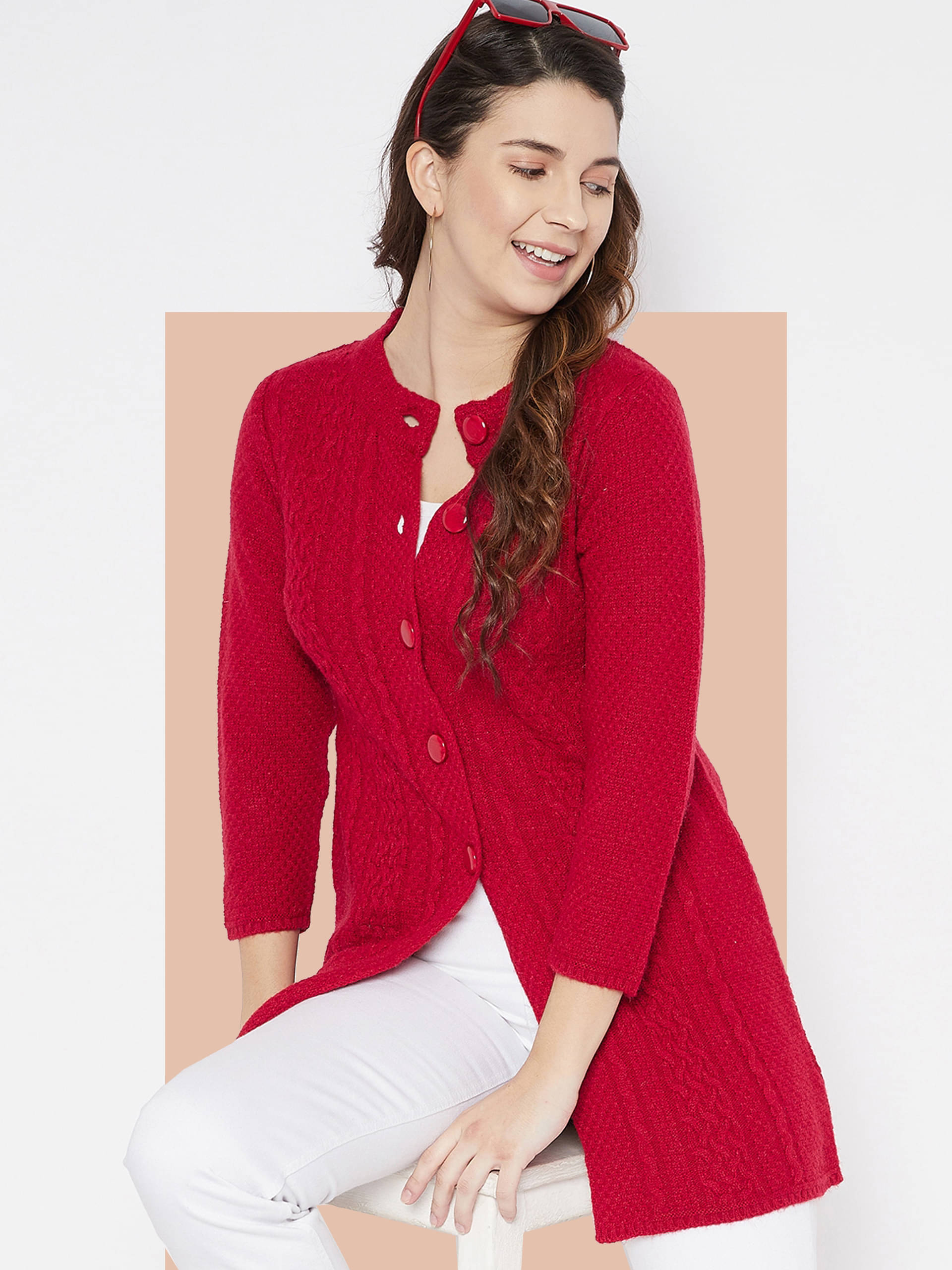     			zigo Acro Wool Round Neck Women's Buttoned Cardigans - Red (Pack of 1)