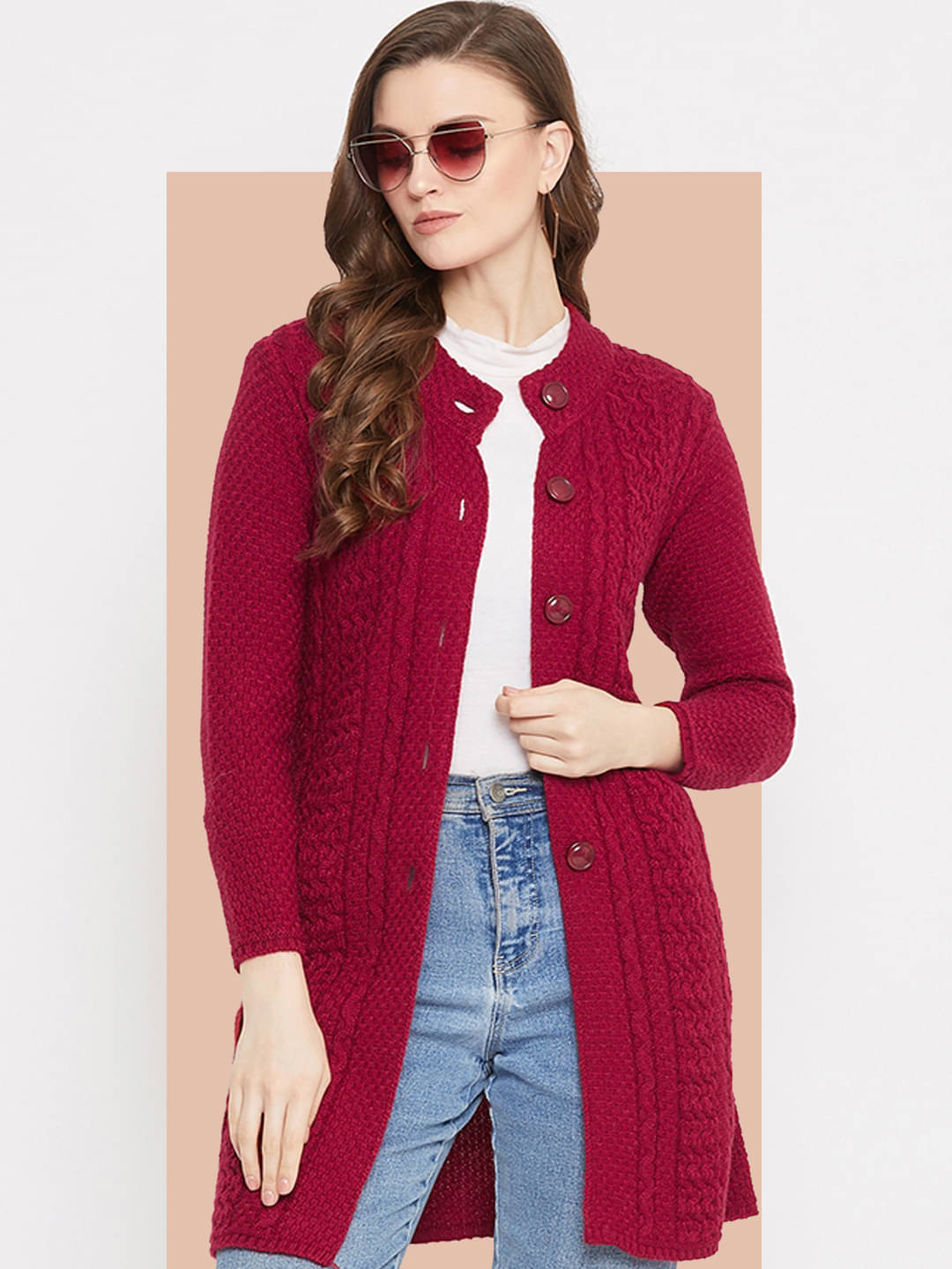 zigo Acro Wool Round Neck Women's Buttoned Cardigans - Maroon (Pack of 1) zigo Acro Wool Round Neck Women's Buttoned Cardigans - Maroon (Pack of 1)