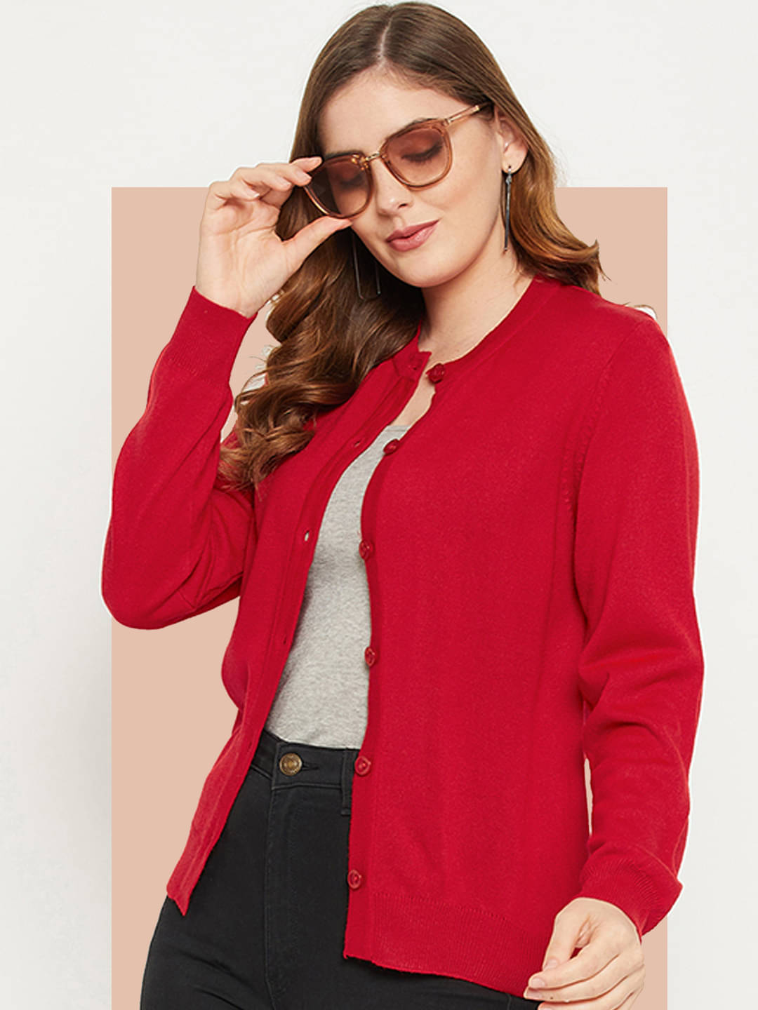     			zigo Acro Wool Round Neck Women's Buttoned Cardigans - Red (Pack of 1)