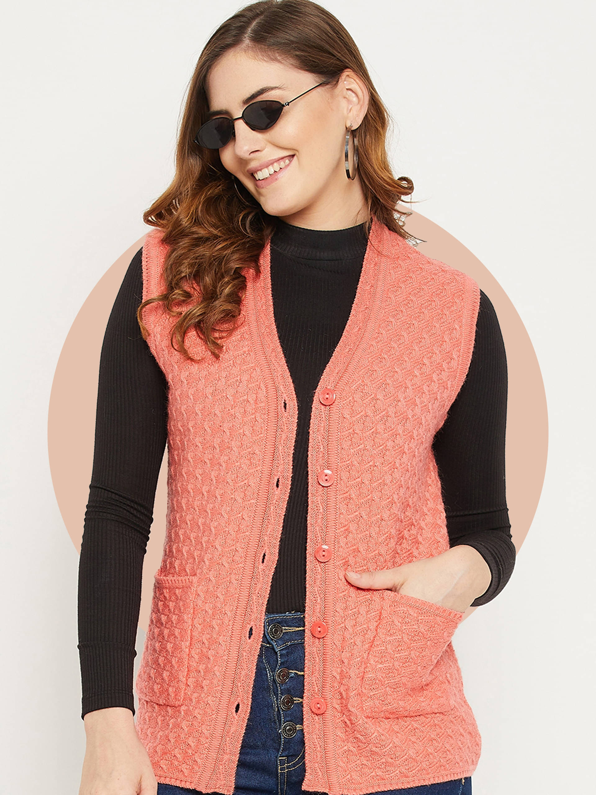     			zigo Acro Wool V Neck Women's Buttoned Cardigans - Peach (Pack of 1)