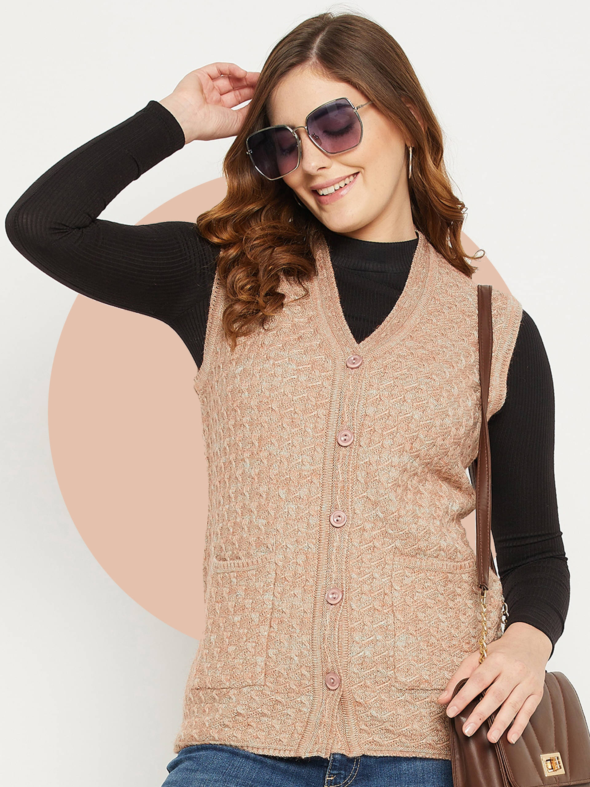 zigo Acro Wool V Neck Women's Buttoned Cardigans - Peach (Pack of 1) zigo Acro Wool V Neck Women's Buttoned Cardigans - Peach (Pack of 1)