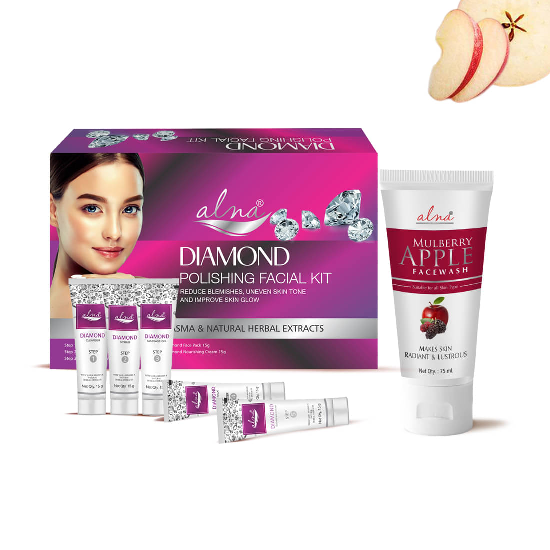     			Alna Diamond Polishing Facial Kit 75gm with Mulberry Apple Face Wash 75ml , Pack of 2