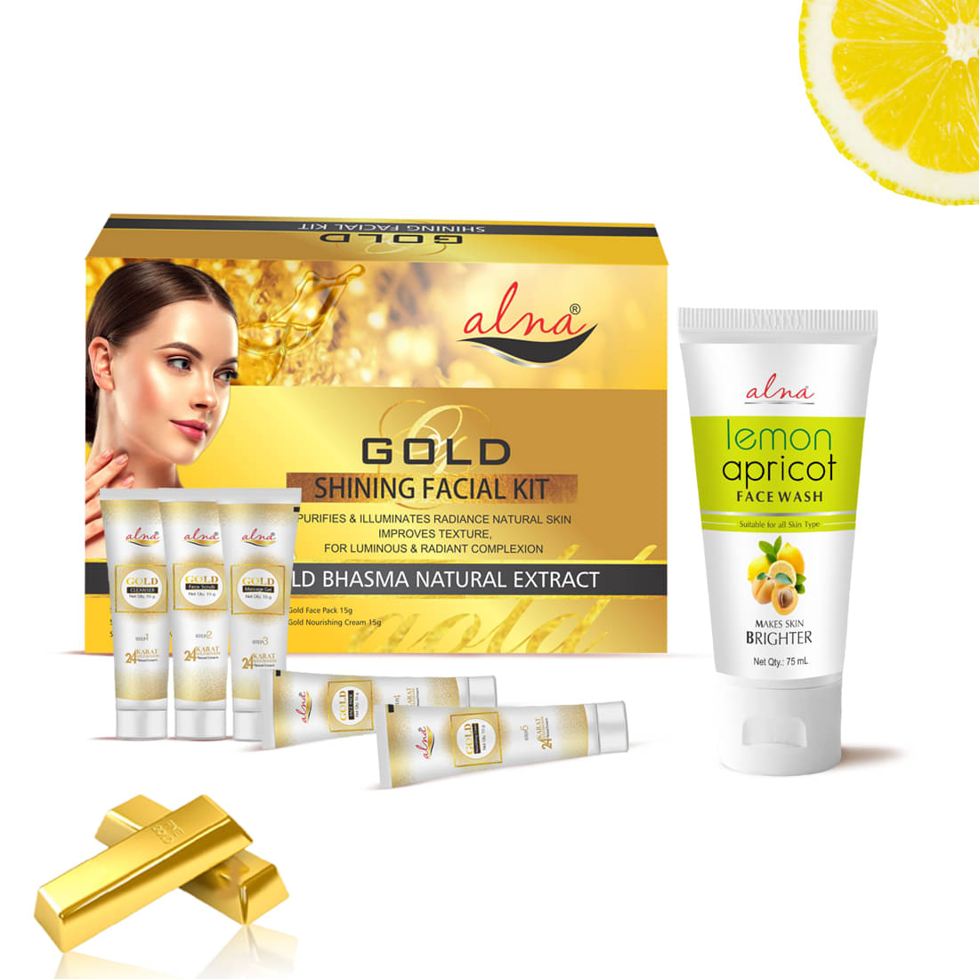     			Alna Gold Shinning Facial Kit 75gm with Lemon Apricot Face Wash75ml For All Skin Type , Pack of 2