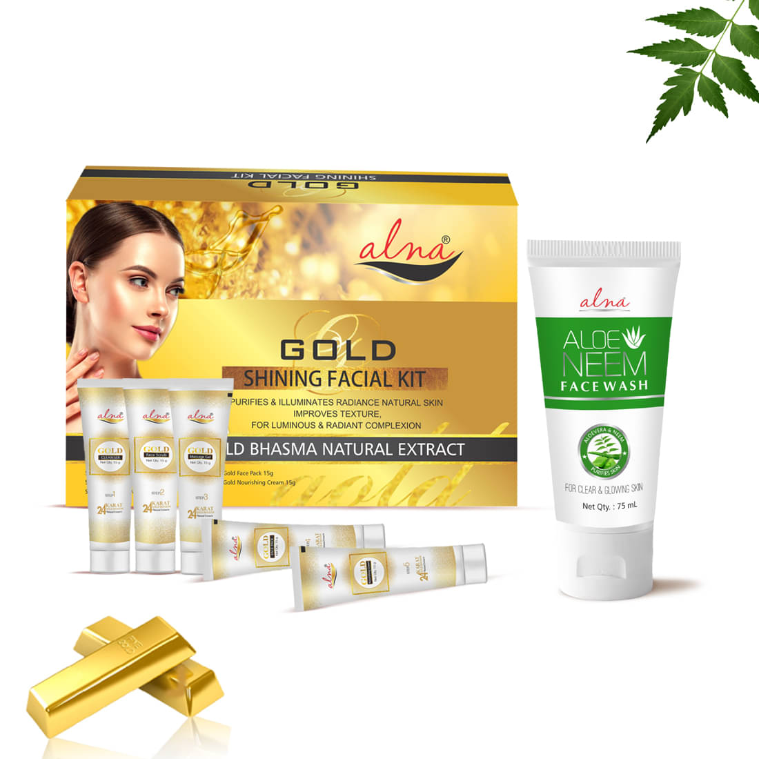     			Alna Gold Shinning Facial Kit 75gm with Aloe Neem Face Wash 75ml For All Skin Type , Pack of 2