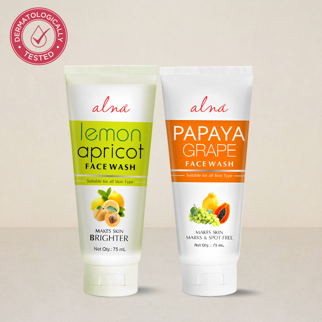 Alna Lemon Apricot Face Wash with Papaya Grape Face Wash 75ml Each For All Skin Type , Pack of 2