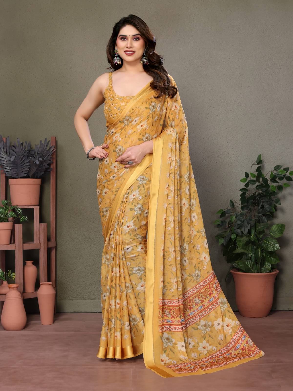 BLEESBURY Chiffon Printed Saree With Unstitched Blouse Piece ( Yellow ) BLEESBURY Chiffon Printed Saree With Unstitched Blouse Piece ( Yellow )