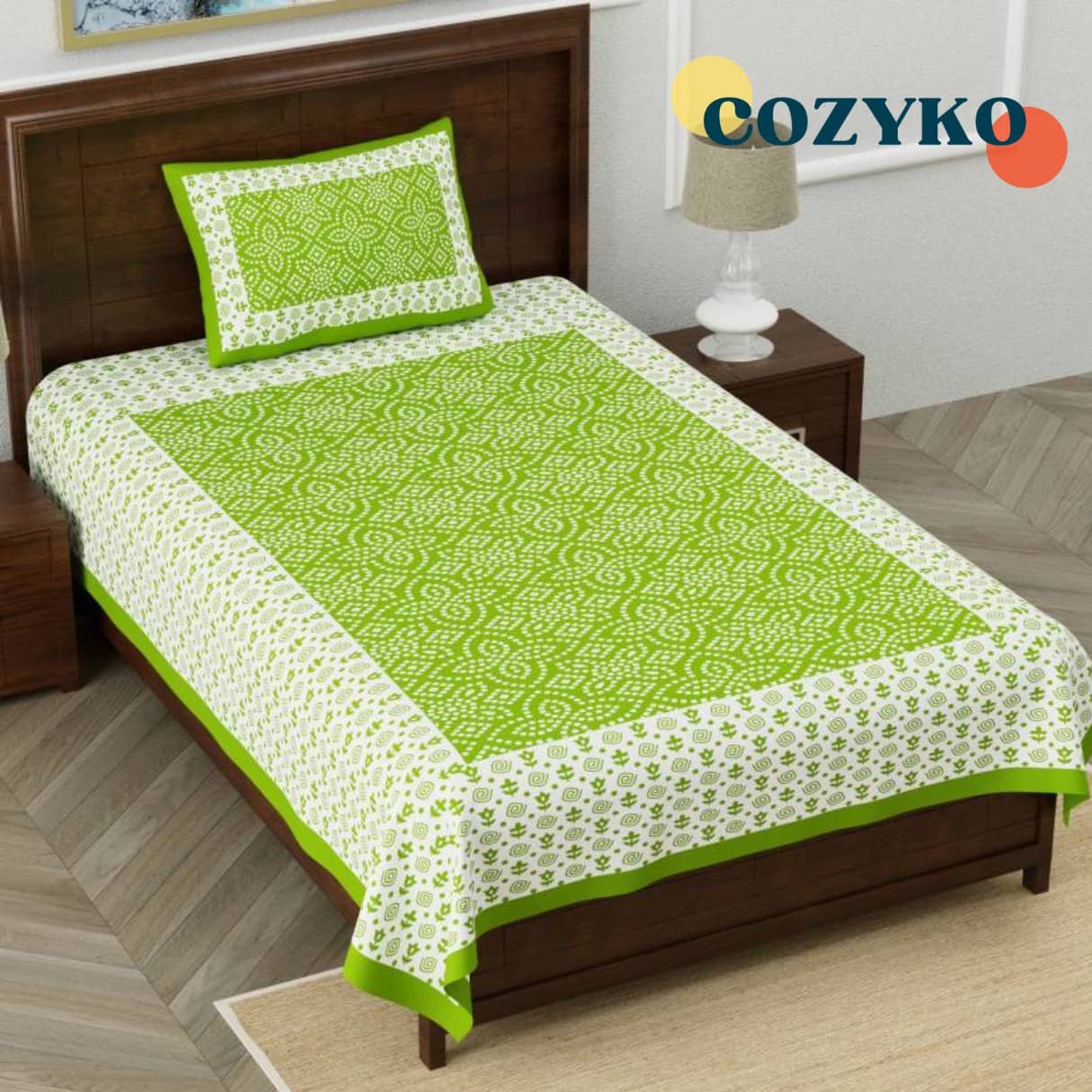 COZYKO Cotton 1 Single Bedsheet with 1 Pillow Cover ( Green )