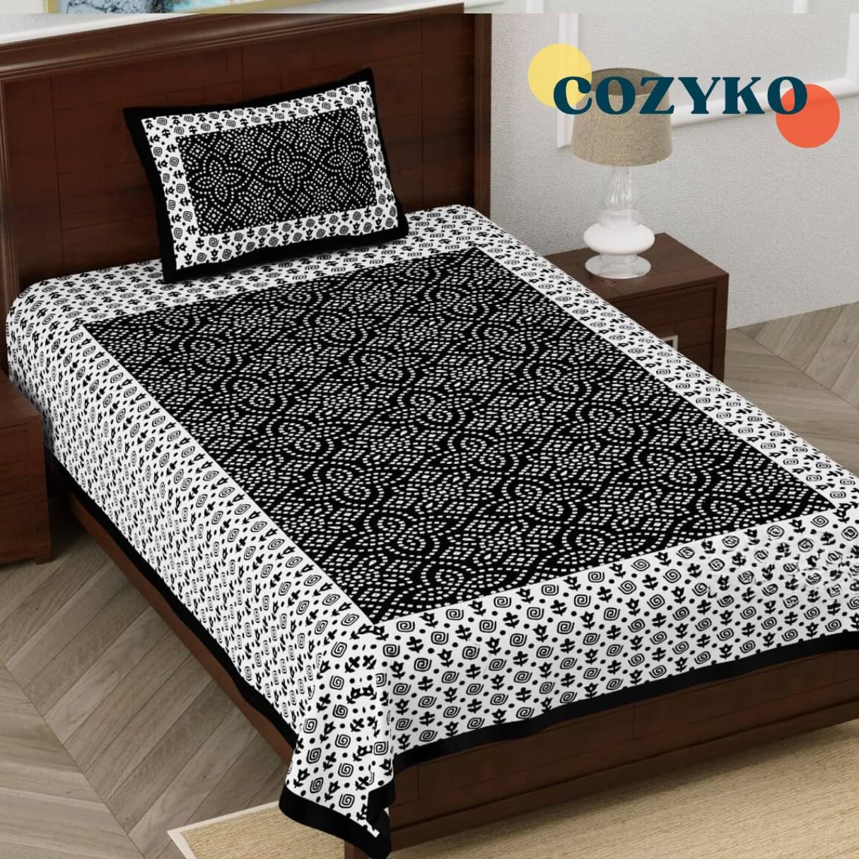     			COZYKO Cotton 1 Single Bedsheet with 1 Pillow Cover ( Black )