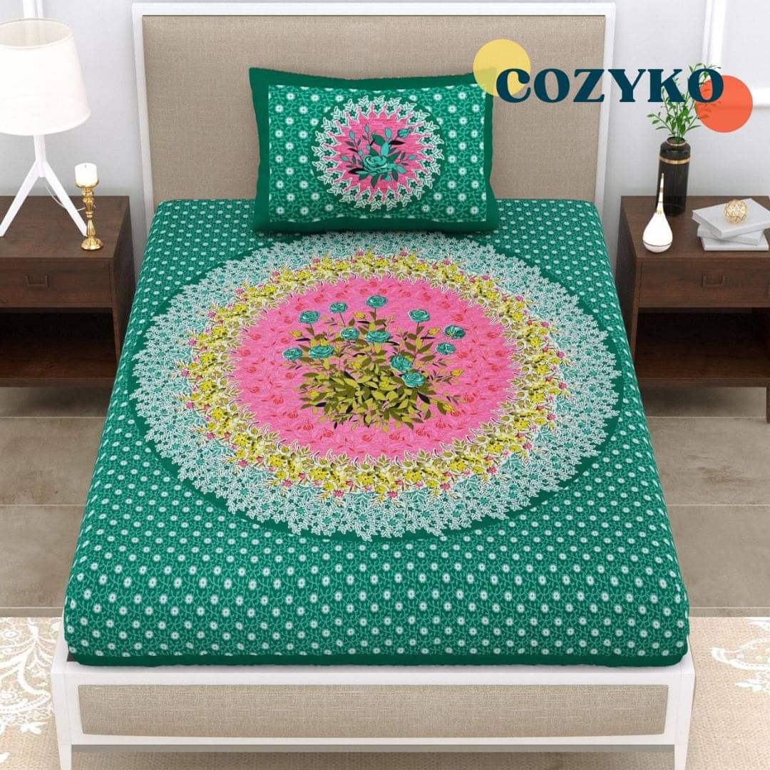     			COZYKO Cotton 1 Single Bedsheet with 1 Pillow Cover ( Green )