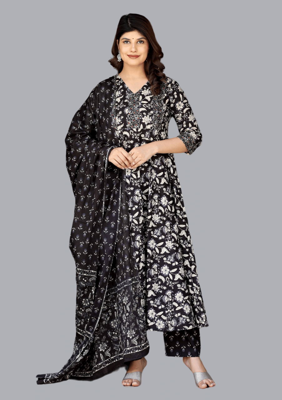 Doriyaan Cotton Printed Kurti With Palazzo Women's Stitched Salwar Suit - Black ( Pack of 1 ) Doriyaan Cotton Printed Kurti With Palazzo Women's Stitched Salwar Suit - Black ( Pack of 1 )