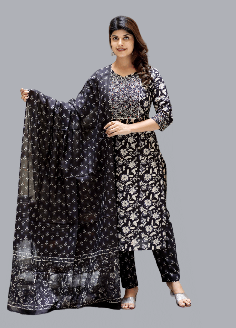 Doriyaan Cotton Printed Kurti With Pants Women's Stitched Salwar Suit - Black ( Pack of 1 ) Doriyaan Cotton Printed Kurti With Pants Women's Stitched Salwar Suit - Black ( Pack of 1 )