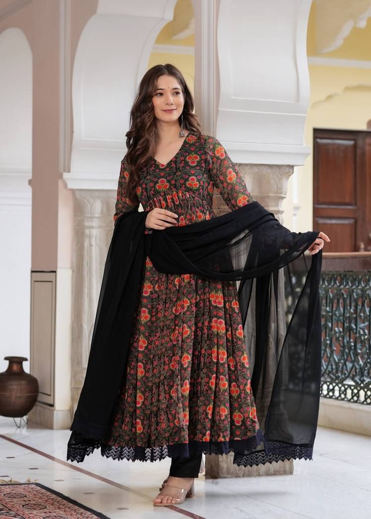 Estela Georgette Printed Kurti With Pants Women's Stitched Salwar Suit - Black ( Pack of 1 ) Estela Georgette Printed Kurti With Pants Women's Stitched Salwar Suit - Black ( Pack of 1 )