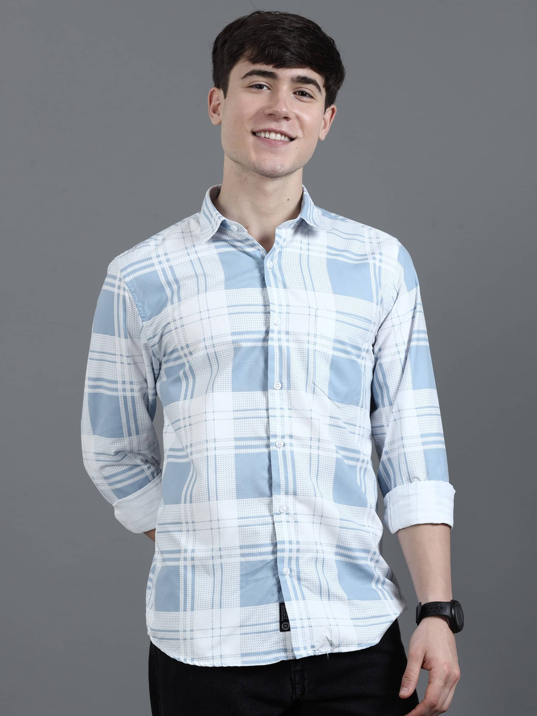 HETIERS Cotton Blend Regular Fit Printed Full Sleeves Men's Casual Shirt - Light Blue ( Pack of 1 )     			HETIERS Cotton Blend Regular Fit Printed Full Sleeves Men's Casual Shirt - Light Blue ( Pack of 1 )