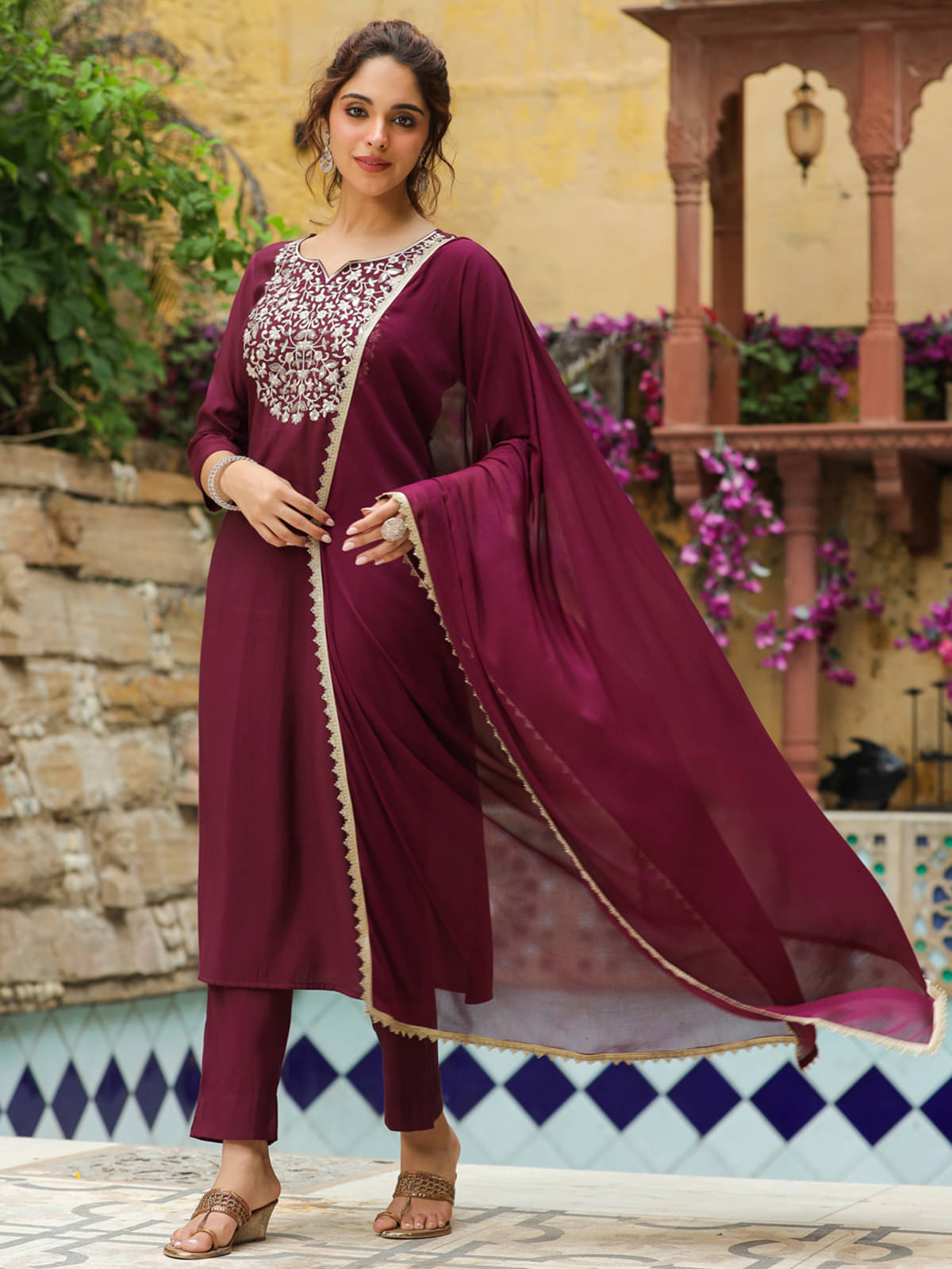 Janasya Chanderi Embellished Kurti With Pants Women's Stitched Salwar Suit - Wine ( Pack of 1 ) Janasya Chanderi Embellished Kurti With Pants Women's Stitched Salwar Suit - Wine ( Pack of 1 )