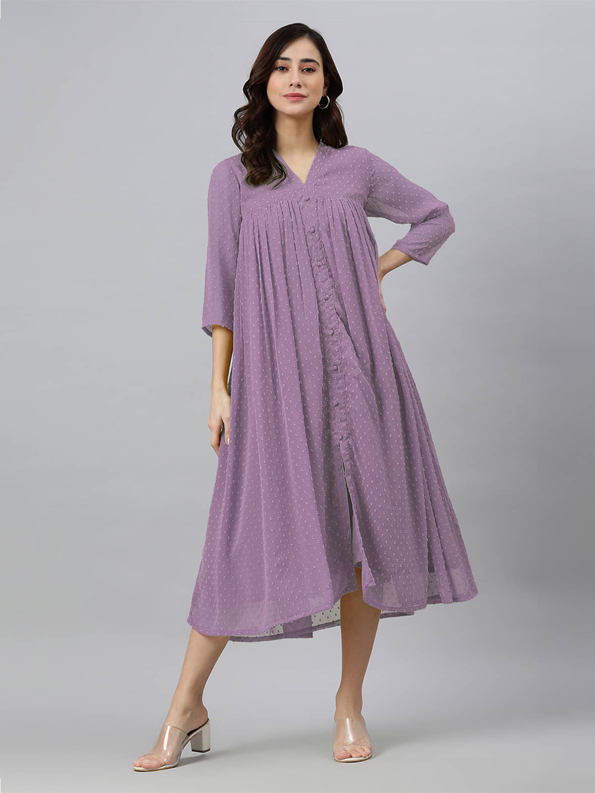 Janasya Pack of 1 Chiffon Self Design Front Slit Women's Kurti - ( Lavender ) Janasya Pack of 1 Chiffon Self Design Front Slit Women's Kurti - ( Lavender )