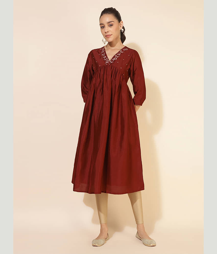 Janasya Pack of 1 Silk Blend Embroidered Flared Women's Kurti - ( Maroon ) - Kurtis, Tunics | Buy online on ZillyBuy