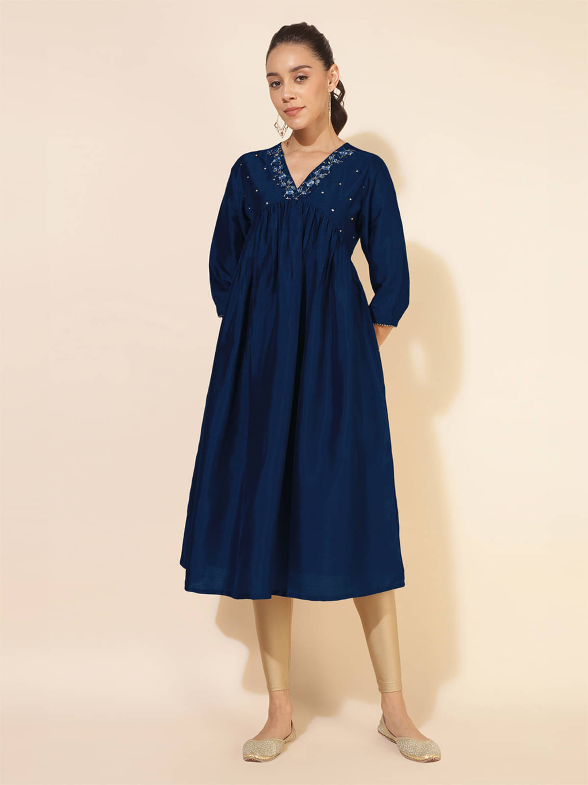 Janasya Pack of 1 Silk Blend Embroidered Flared Women's Kurti - ( Blue ) Janasya Pack of 1 Silk Blend Embroidered Flared Women's Kurti - ( Blue )