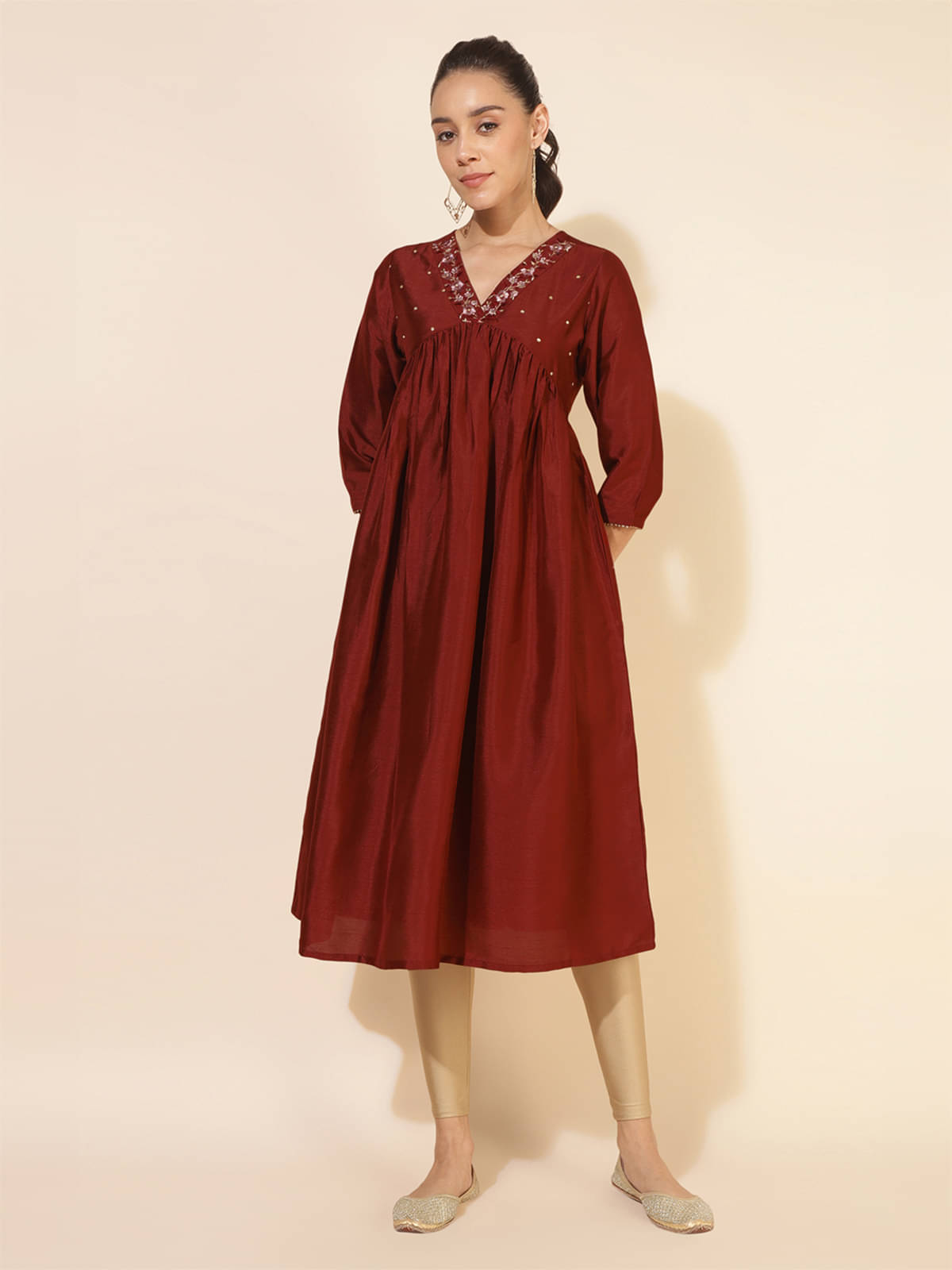     			Janasya Pack of 1 Silk Blend Embroidered Flared Women's Kurti - ( Maroon )