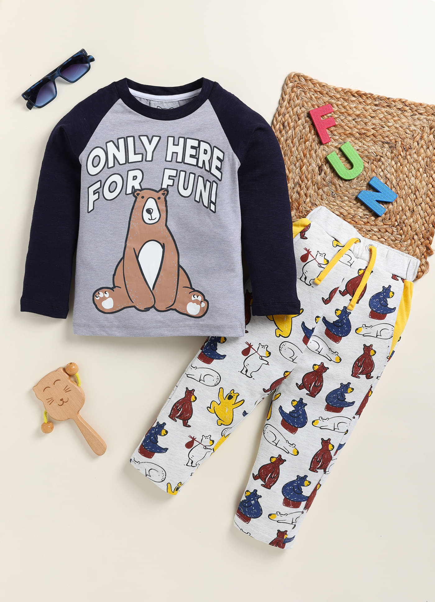     			Lazy Shark Pack of 1 Boys Cotton Blend Nightsuit Set ( Grey )