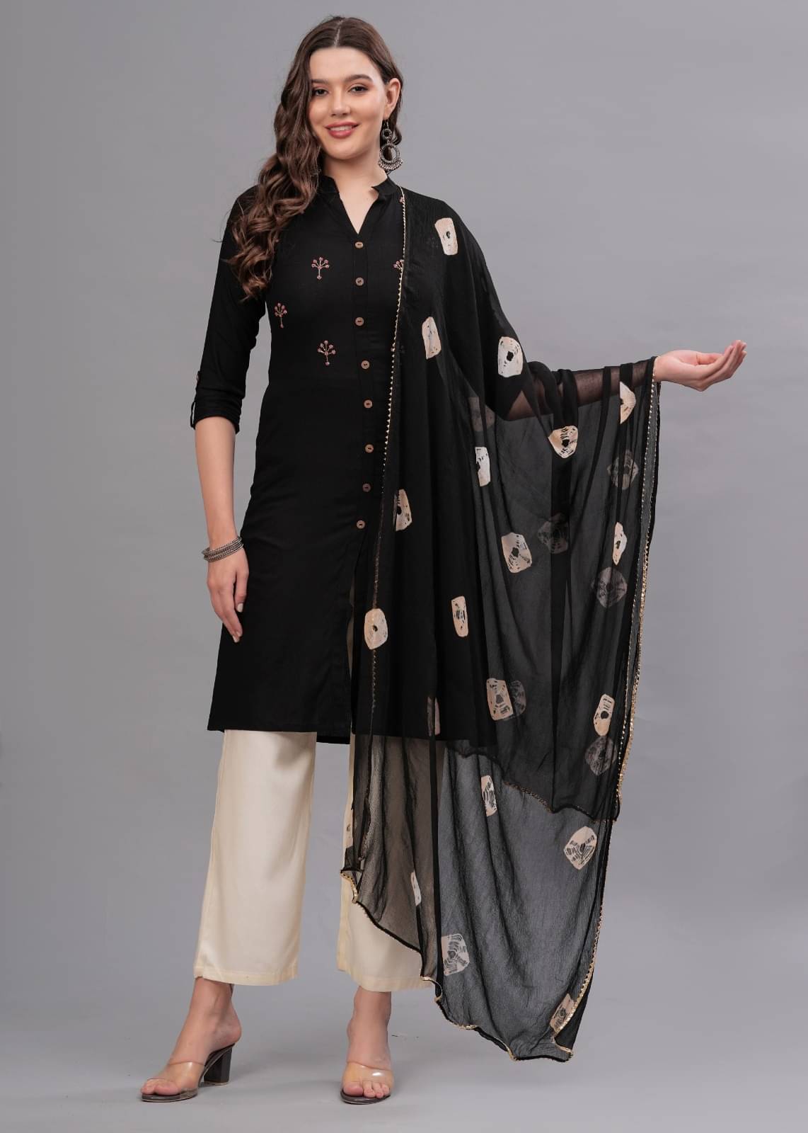     			MAUKA Rayon Embellished Kurti With Palazzo Women's Stitched Salwar Suit - Black ( Pack of 1 )