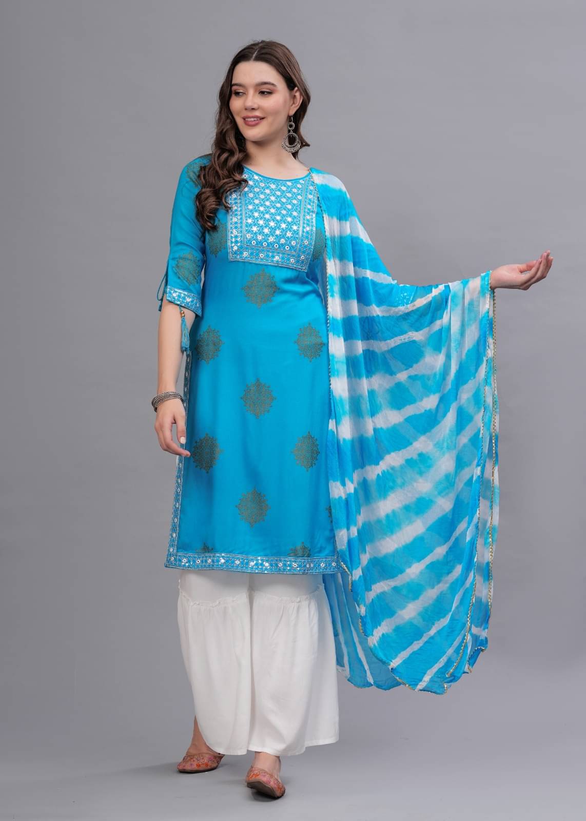     			MAUKA Rayon Embellished Kurti With Sharara And Gharara Women's Stitched Salwar Suit - Blue ( Pack of 1 )
