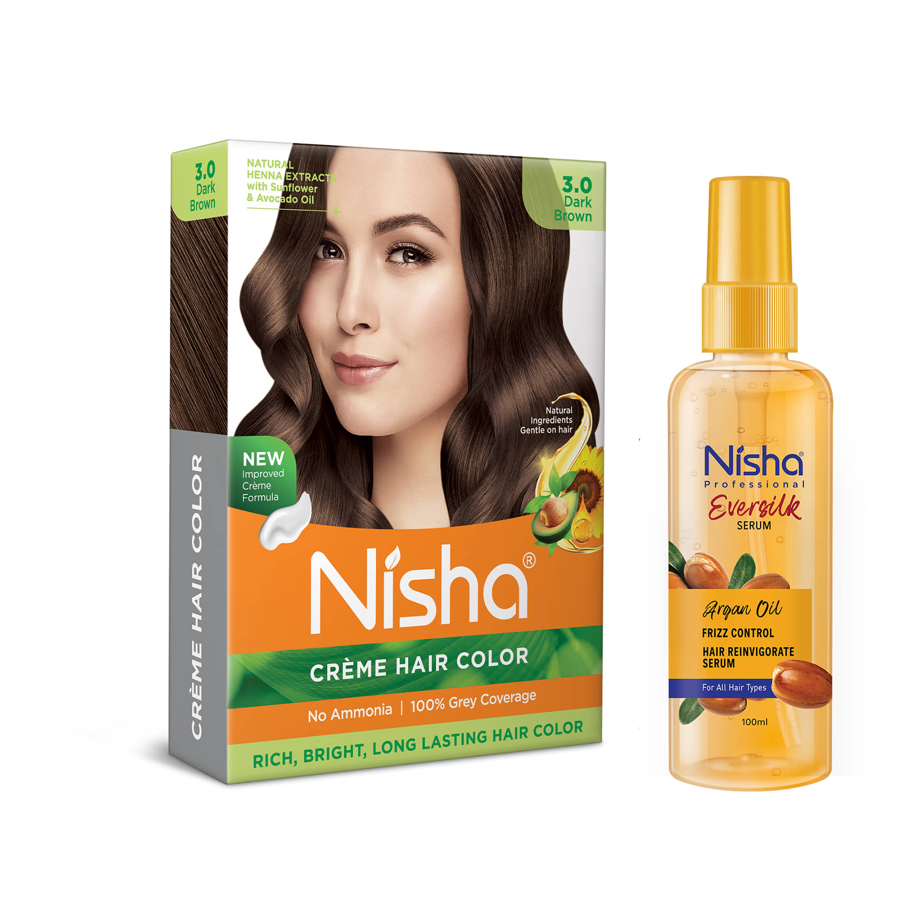Nisha Creme Hair Color Dark Brown 40g and Argan Oil Hair Serum 100ml, Permanent Hair Colour with Argan Hair Serum Nisha Creme Hair Color Dark Brown 40g and Argan Oil Hair Serum 100ml, Permanent Hair Colour with Argan Hair Serum